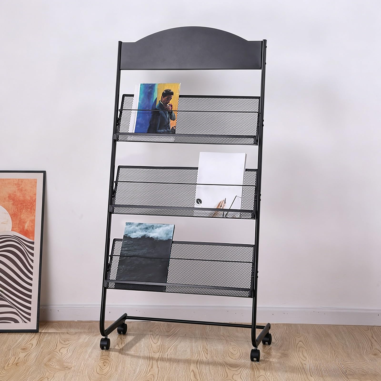 Cjwkxqol Black Floor Standing Magazine Rack With Wheels, Metal Mesh Brochure Display Stand, Vertical Literature Holder For Malls, Hospitals, Office, Reception，Exhibitions(Black)