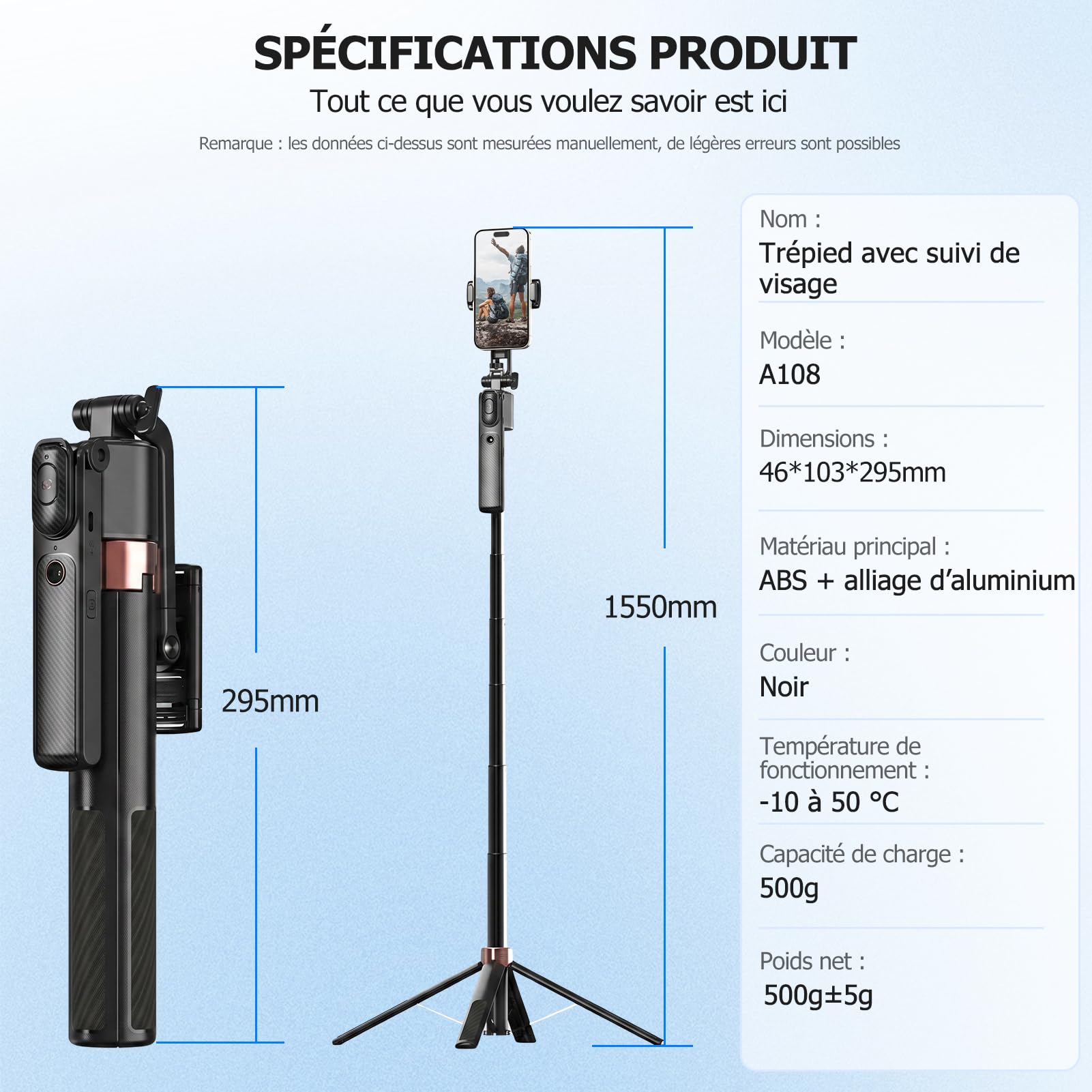 Trépied de téléphone portable pour smartphone - Rotation à 360° - Perche à selfie automatique avec 4 pieds - 160 cm - Avec télécommande - Contrôle par gestes - Pour Vlog Live Stream Travel