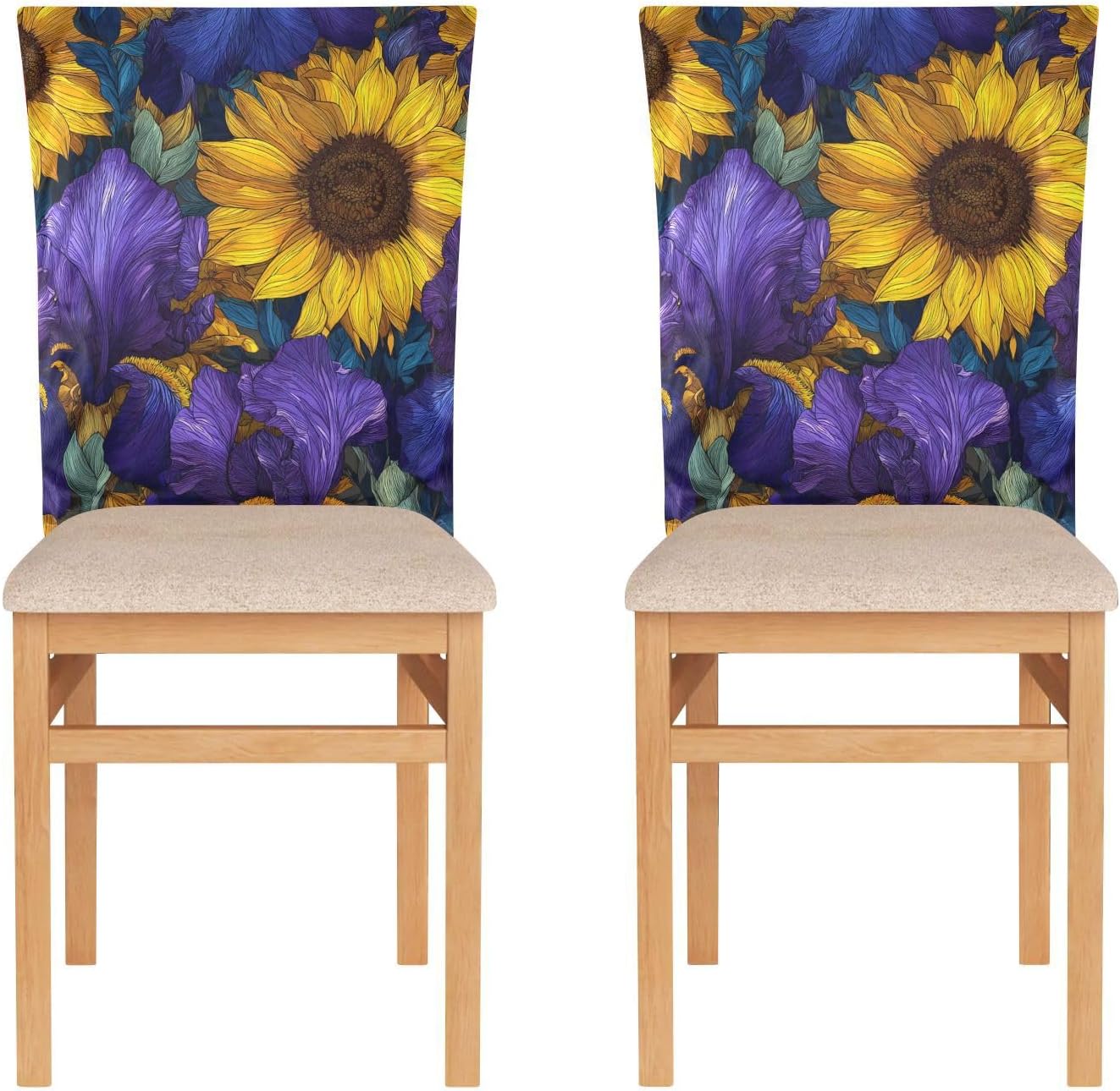 ALAZA Iris Flowers Yellow Sunflowers Chair Back Cover Set of 6, Washable Reusable Removable Chair Slipcovers Decorative Chair Cover for Home Kitchen Wedding Party