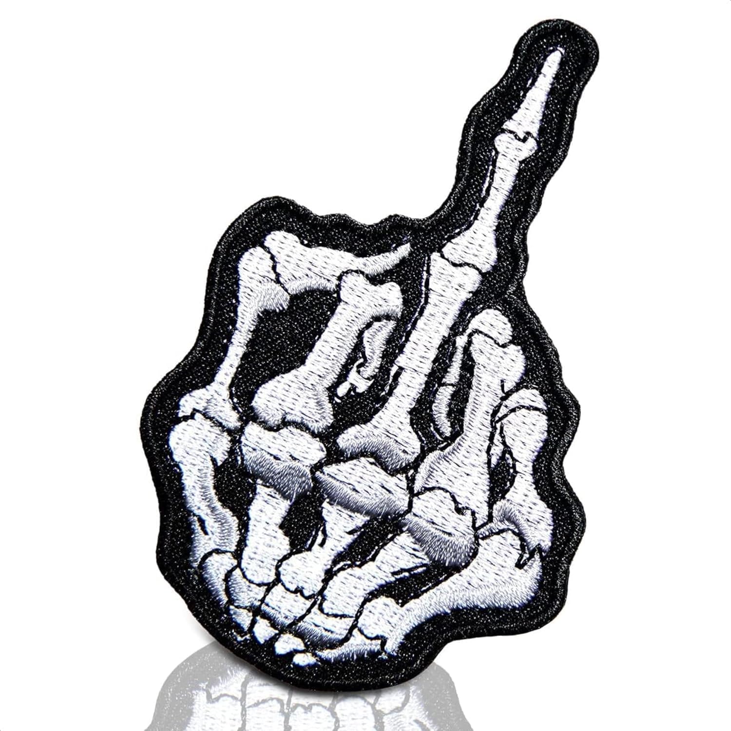 Embroidered Applique Patches for Vests – Large 5"x2" Biker Patch with 3D Middle Finger Design, Iron-On or Sew-On, Strong Heat-Seal Backing, Washable for Jackets, Bags, Denim & Motorcycle Apparel