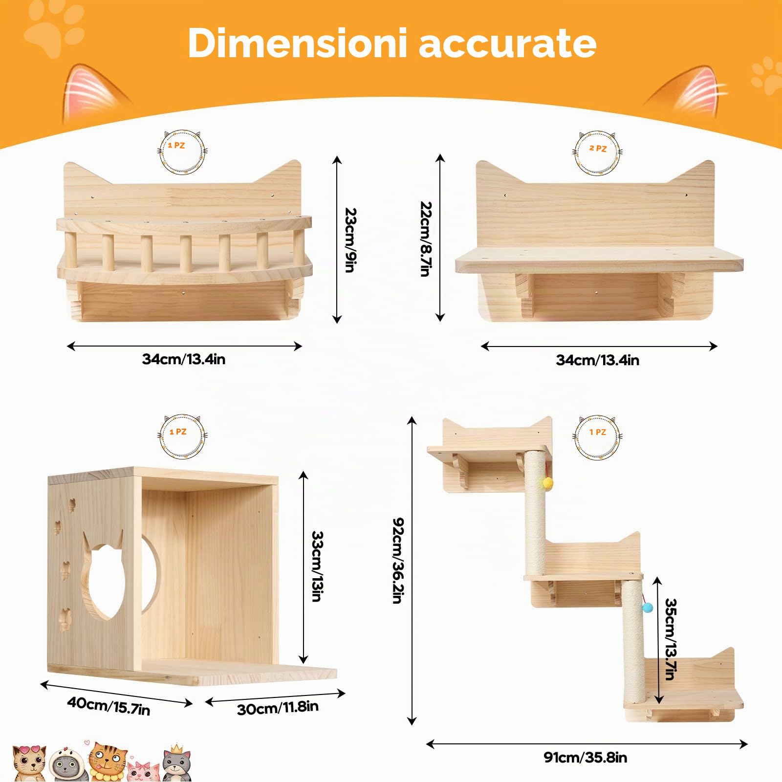 Parete per arrampicata gatto, set 5 scaffali legno stabili