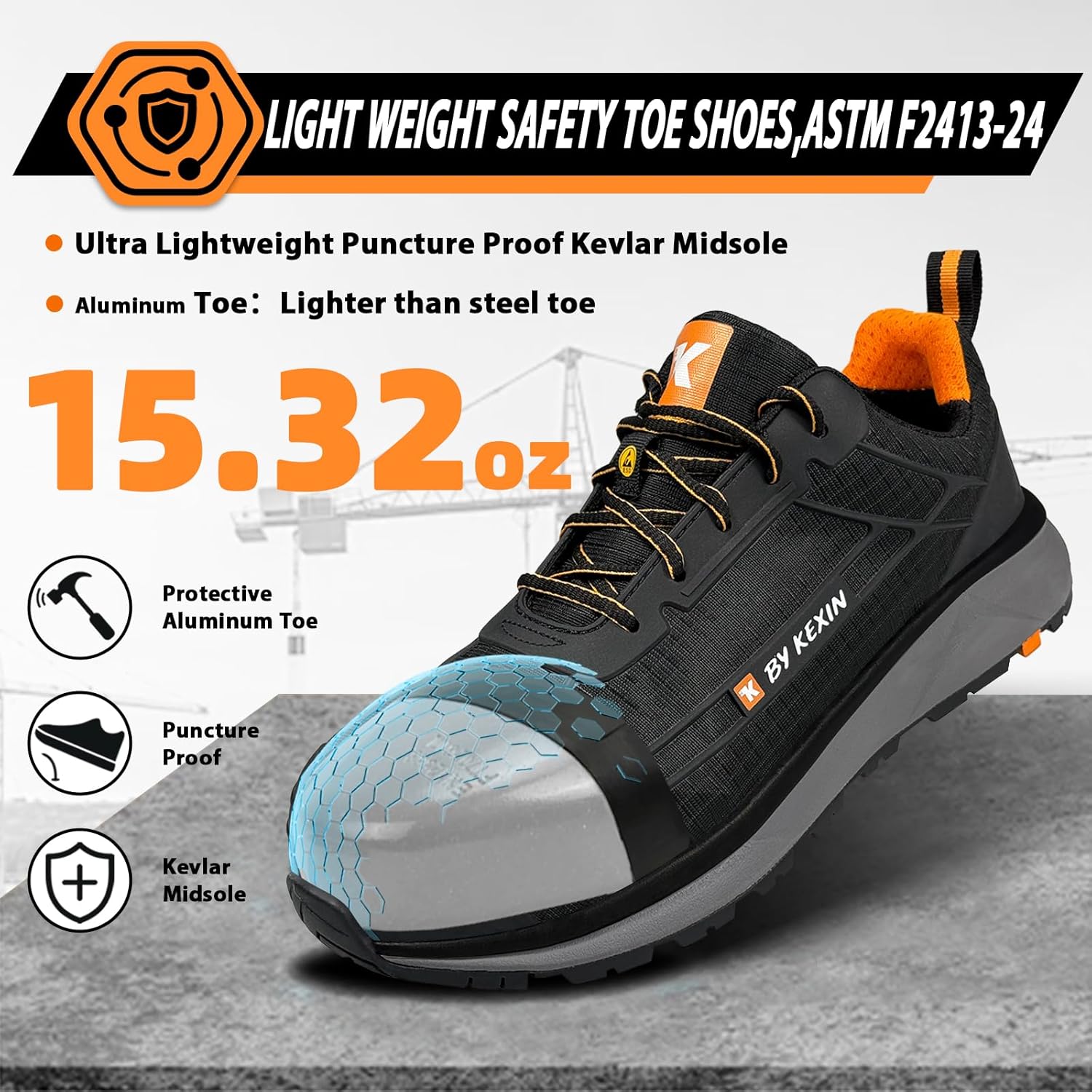 Alloy Toe Shoes Men - Lightweight Aluminum Toe and Puncture Proof Midsole, ESD Safety Sneakers ASTM 2413-24, Durable KPU and Water Resistant Upper, Oil and Slip Resistant Rubble Outsole - Image 2