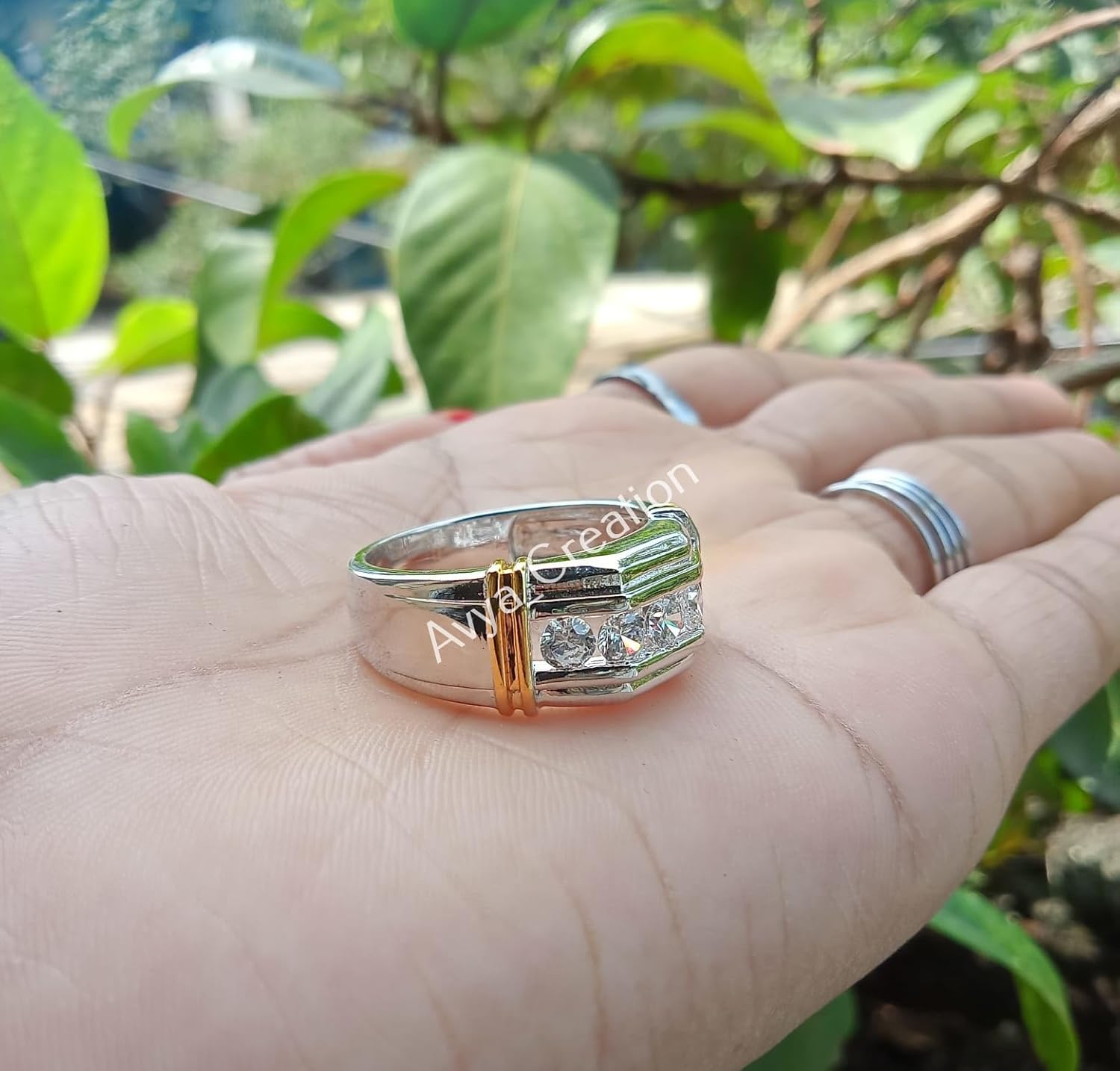 5 Stone Round Shape Natural Moissanite Men's Wedding & Engagement Band Ring in 14K Two Tone Gold Plated 925 Silver