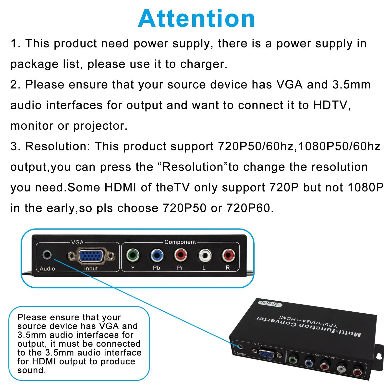 Convertisseur YPbPr vers HDMI Convertisseur VGA vers HDMI avec fonction de détartreur audio jusqu'à 1080P60Hz pour console de jeu PC vers projecteur HDTV