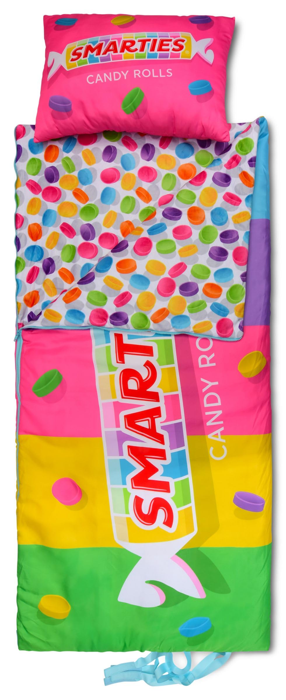 iscream Smarties Print Cozy Silky Soft Fleece Lined Sleeping Bag and Pillow Set for Kids - Candy Roll