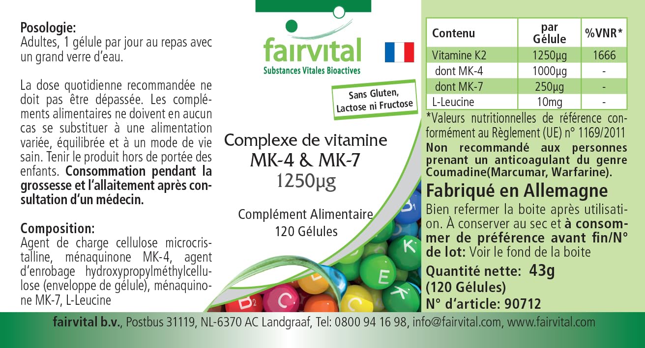 fairvital Complexe de vitamine K2 MK-4 & MK-7-1250 mcg de K2 par gélule, 120 gélules, faciles à avaler, HAUTEMENT DOSÉ, VÉGÉTALIEN, MK-7