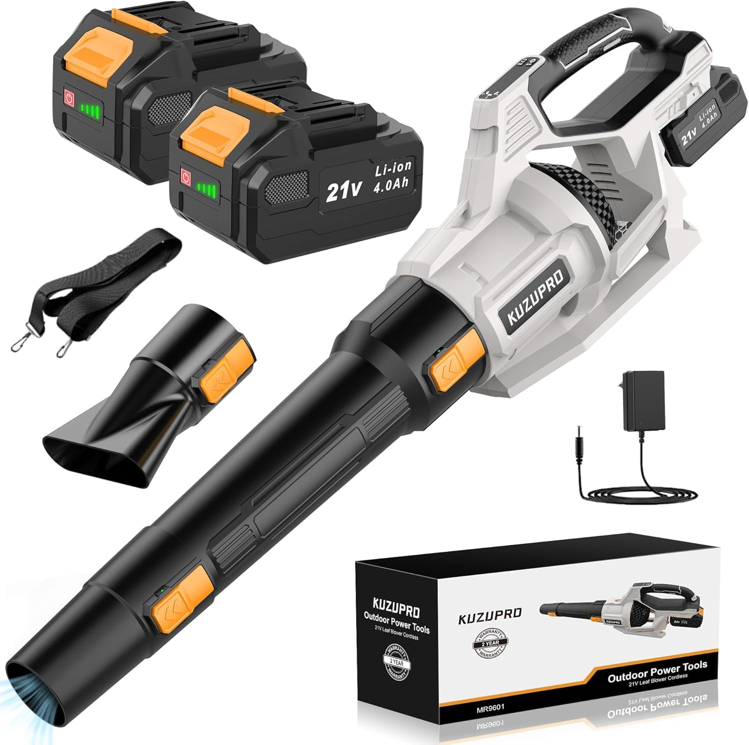 KUZUPRO Laubbläser Akku, 21V Laubbläser mit 2 × 4,0 Ah Akkus, 3 Stufen | Kabellos mit 2 abnehmbaren Blasrohren und Schultergurt, für Blätter, Staub, Garten, Hof und Terrasse