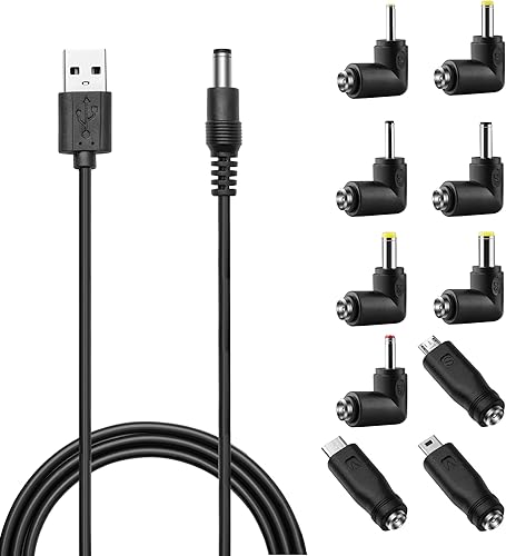Cable de alimentación de 5 V, USB a CC 0.217x0.083 in Cable de carga con 10 puntas de conector (5.5x2.5, 4.8x1.7, 4.0x1.7, 4.0x1.35, 3.5x1.35,