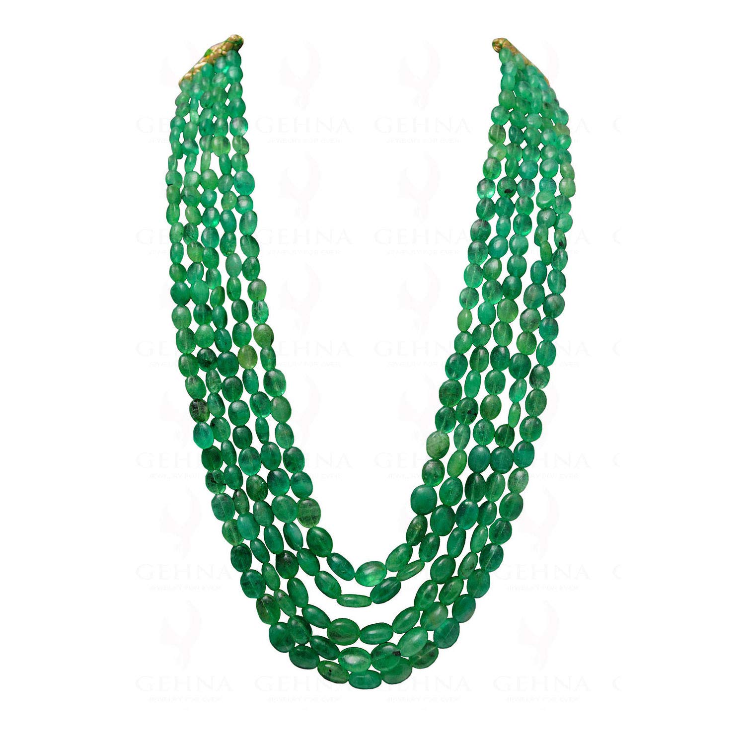 5 Rows of Natural Emerald Gemstone Oval Shaped Beaded Necklace for Women (Green) NP-1371
