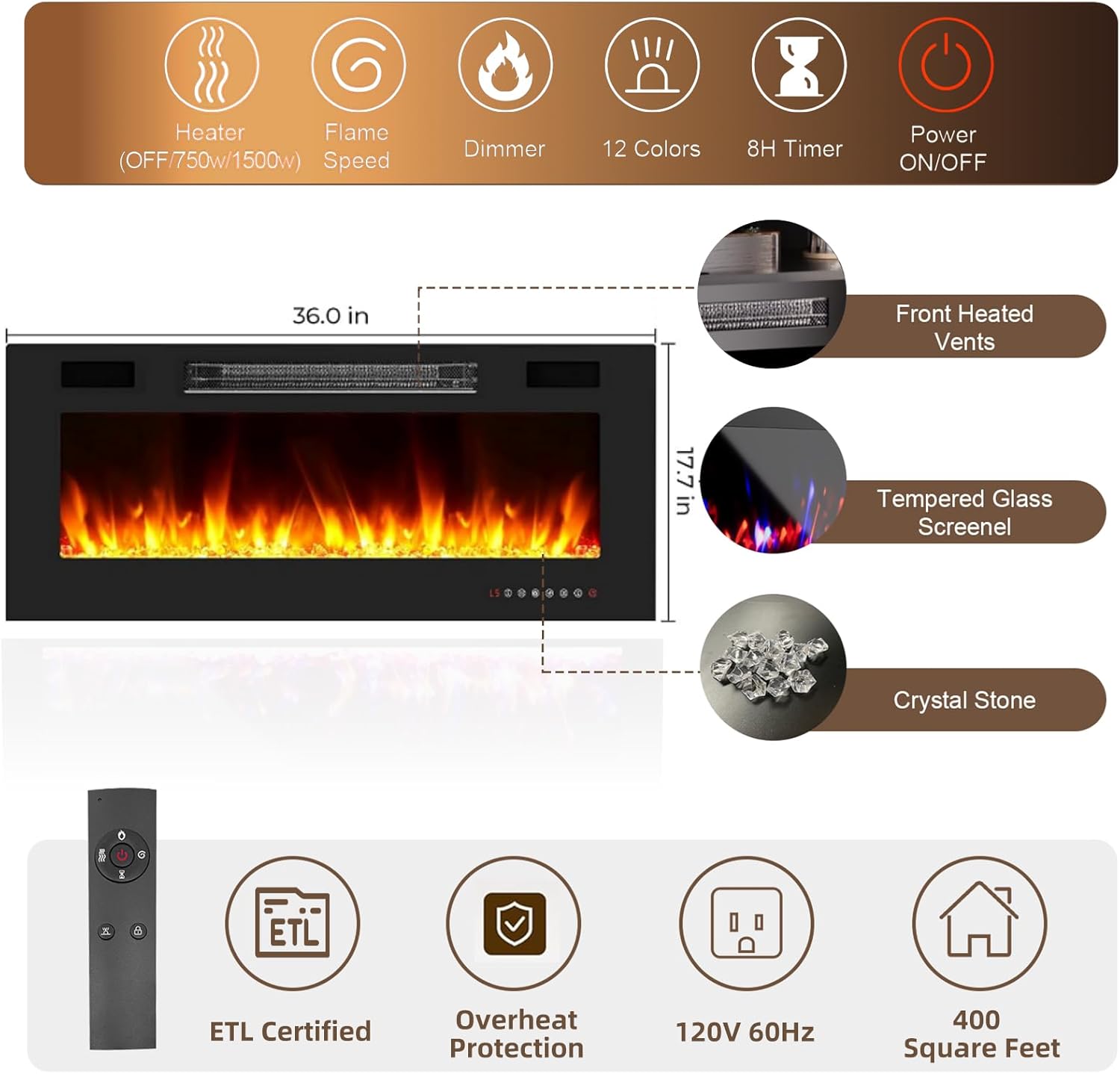 Ludatido 70 Inch Premium TV Stand with 36 inch Electric Fireplace 27 Inch high LED Light Entertainment Center Easy to Assemble for TVs Up to 85'' with USB&AC Power Interface