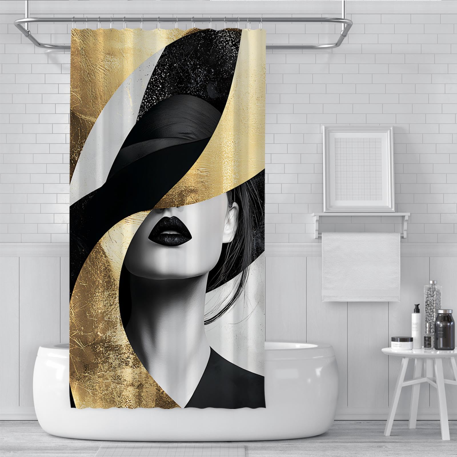 Géométrie Abstraite Rideau de Douche Mode Moderne Portrait d’Une Femme Motif Salle de Bain Décor Rideaux Set avec Crochets Tissu imperméable 200 x 240 cm