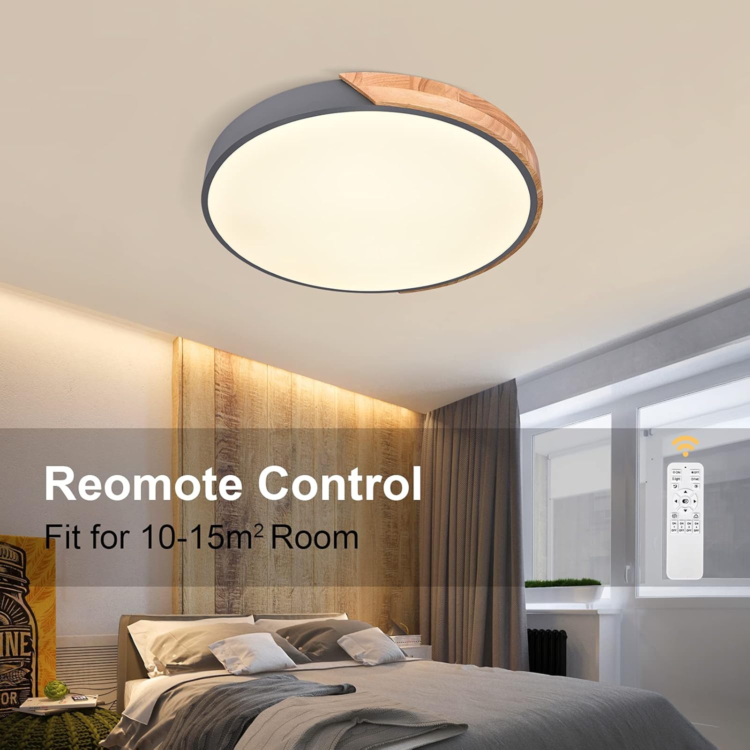 Hоlіdау Dеаlѕ 🛒 HUOKU Dimmable Flush Mount Ceiling Light, 15 inches Wood & Metal Modern Round Shape Lighting Fixtures with Remote Control, Ceiling Light Fixture for Bedroom, Living Room 3000K-6500K (Grey)