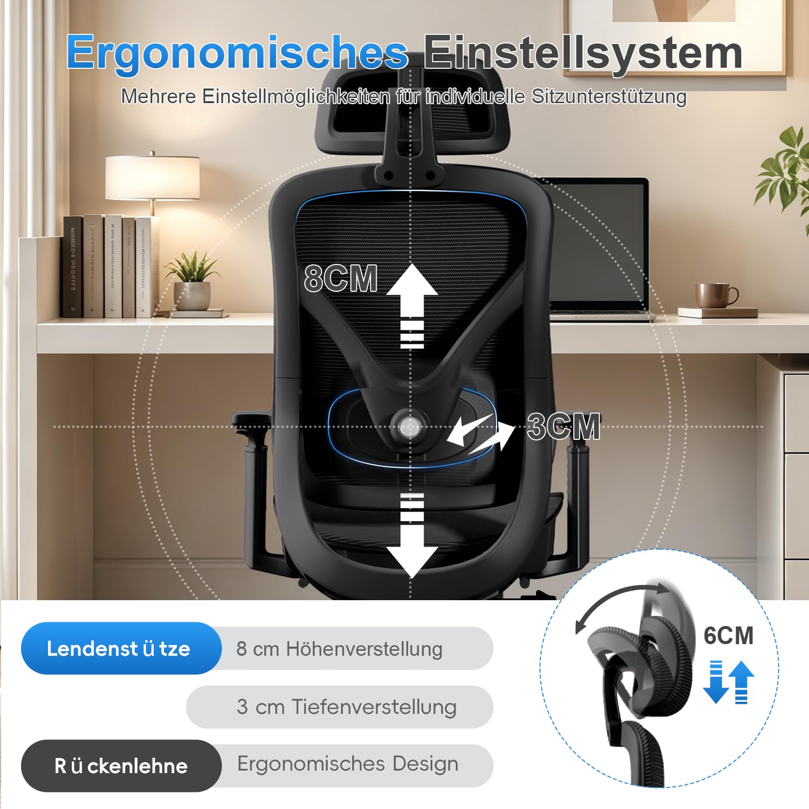 Ergonomischer Netz-Bürostuhl mit Verstellbarer Lendenstütze und Fußstütze, Schreibtischstuhl mit drehbaren Armlehnen und Kopfstütze, neigbarer Computerstuhl für Homeoffice und Gaming, Schwarz