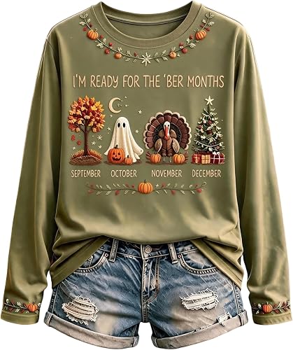 Women's The 'BER Months Print Fall Crew Neck Sweatshirt Army