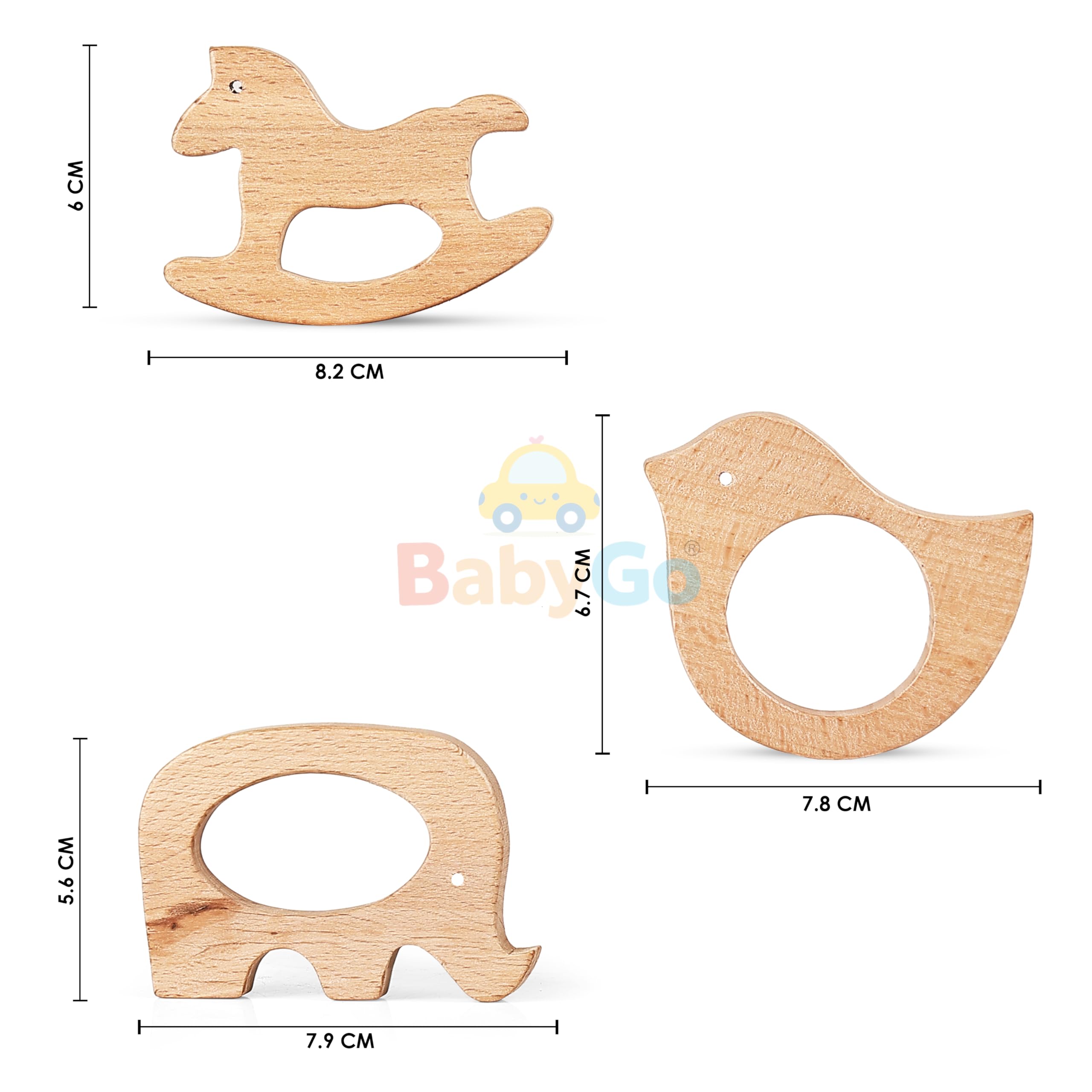 BabyGo Wooden Baby Teether Combo | Natural Beech Wood Animal Shape Toy, Handmade & Eco-Friendly | Safe & Gentle Gum Soother, Biodegradable Wooden Teething Relief Toys (Pack of 3) 3