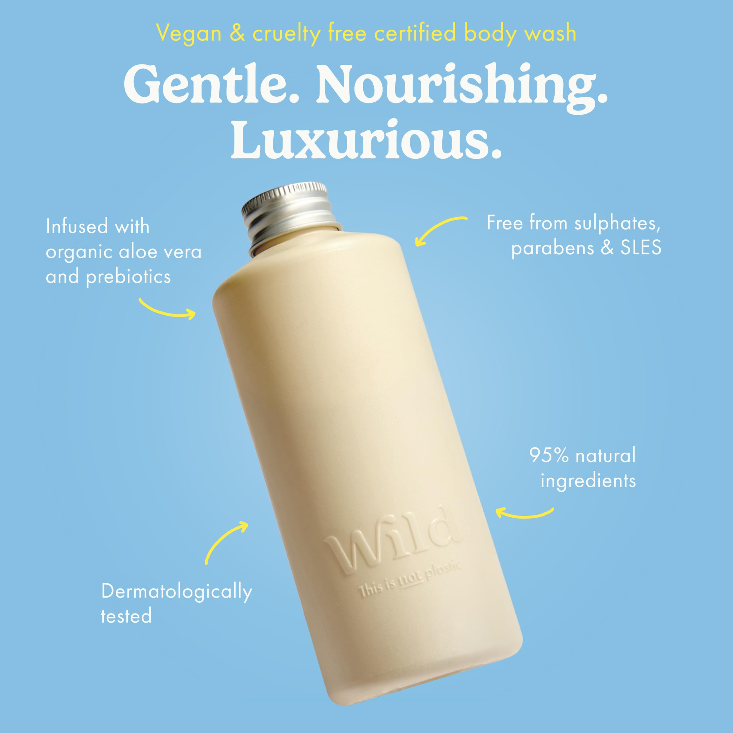 Wild Kit de inicio de gel de baño recargable - Carcasa de aluminio de abejas y 3 recambios de gel de ducha en varios aromas - 95% ingredientes naturales - Honey & Almond Amber & Oud Santorini Sunset