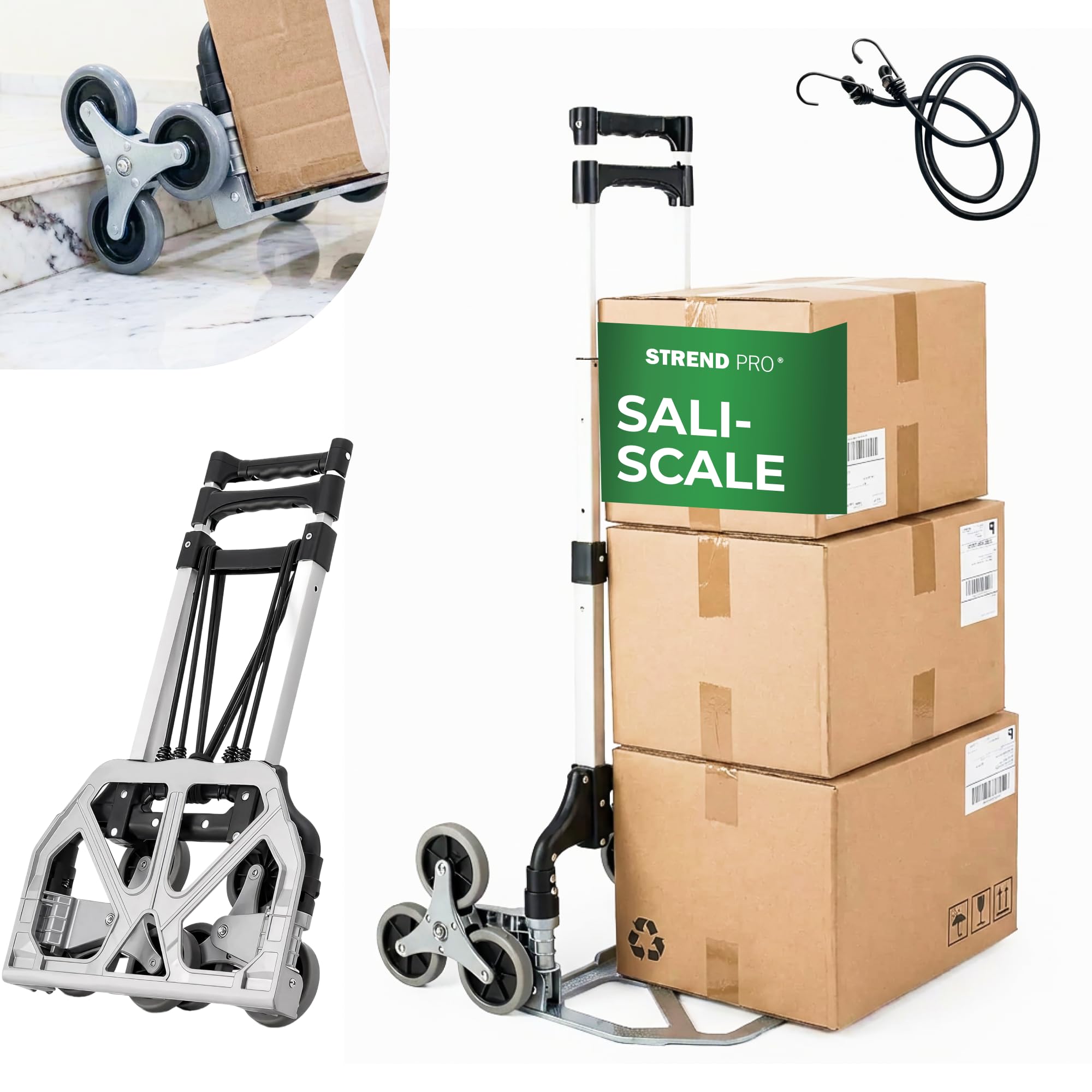 STREND PRO Carrello Saliscale 80kg | Carrello Pieghevole Per Scale con Sistema a 3 Ruote | Robusto Carrello Trasportatore per Scale & Gradini | Carrello a Mano Regolabile in Altezza & Compatto