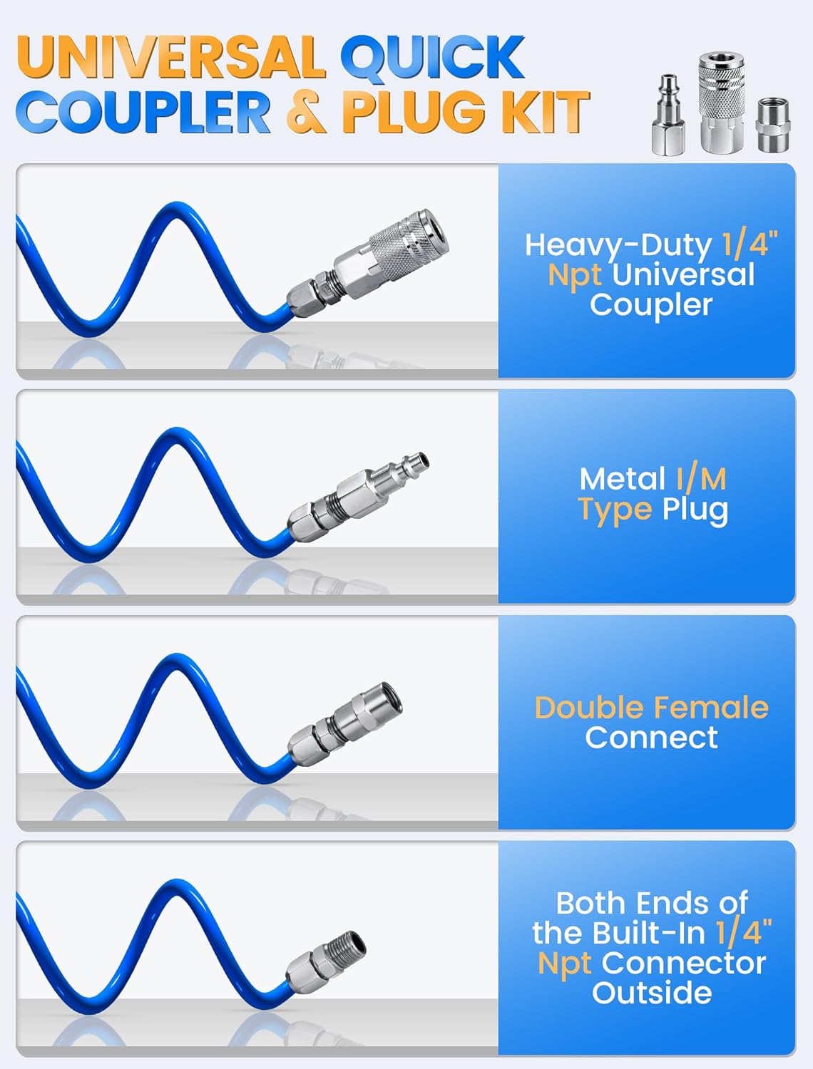 SARDVISA 25 Feet Repairable PU Recoil Air Hose, Air Compressor Hose with 1/4" NPT Industrial Universal Quick Coupler and I/M Plug Kit, 200PSI Max Air Tool Hose (Pack of 2)