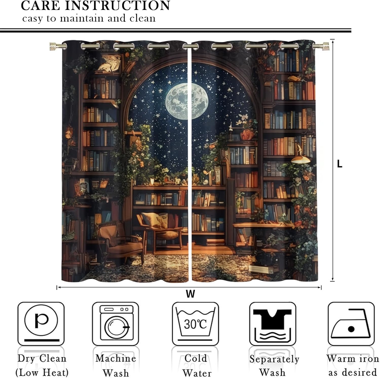 Moonlight Library Window Curtains, Vintage Bookcase Books Curtains Set 2 Panel Blackout Curtains 54 Inch Length, Grommet Window Drapes for Kid Room, 42 x 54 Inch