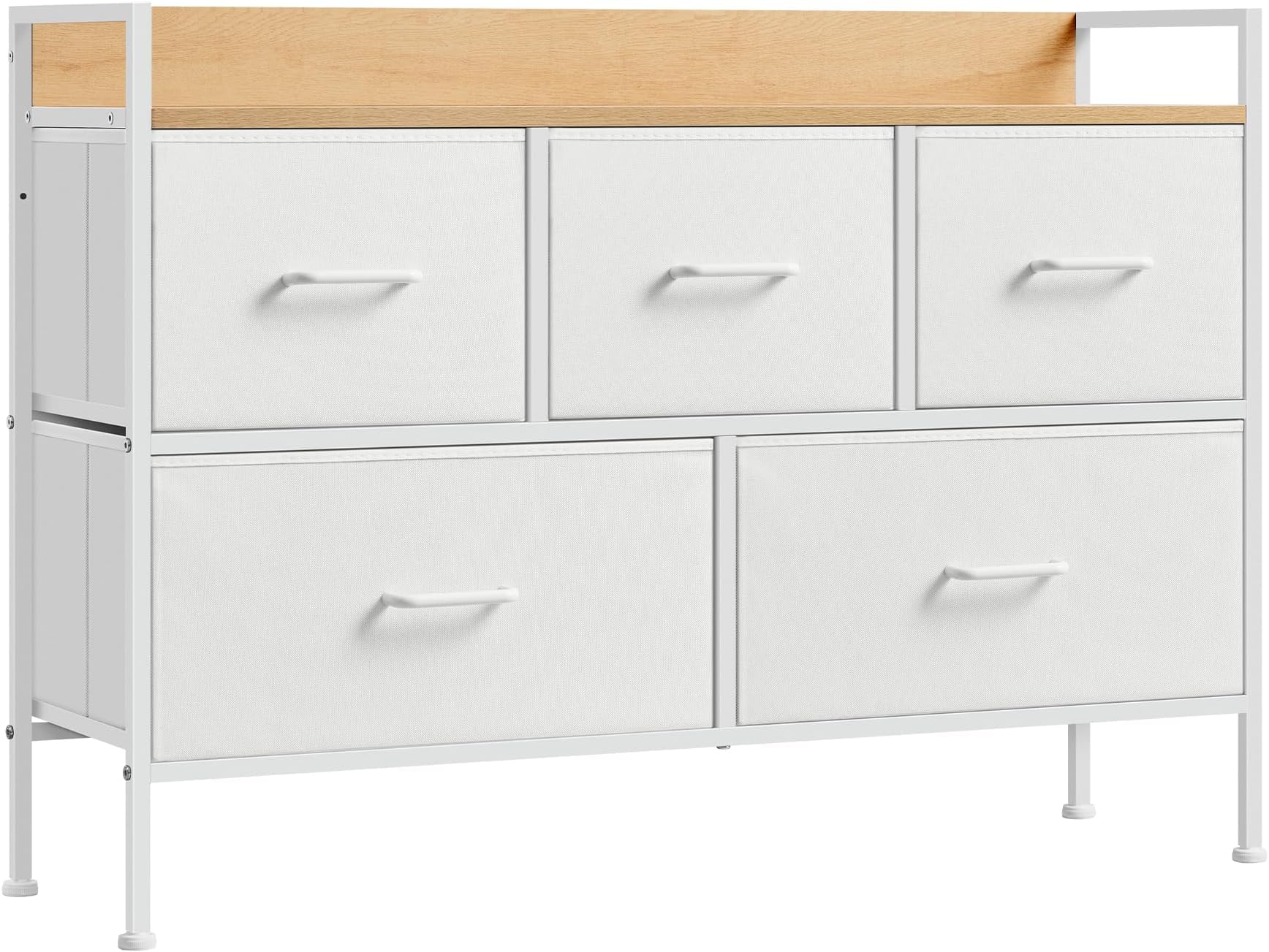 SONGMICS Chest of Drawers for Bedroom, 5 Fabric Drawers with Handles, Storage Organiser Unit, for Living Room, Hallway, Steel Frame, Cloud White and Oak Beige LTS135W01