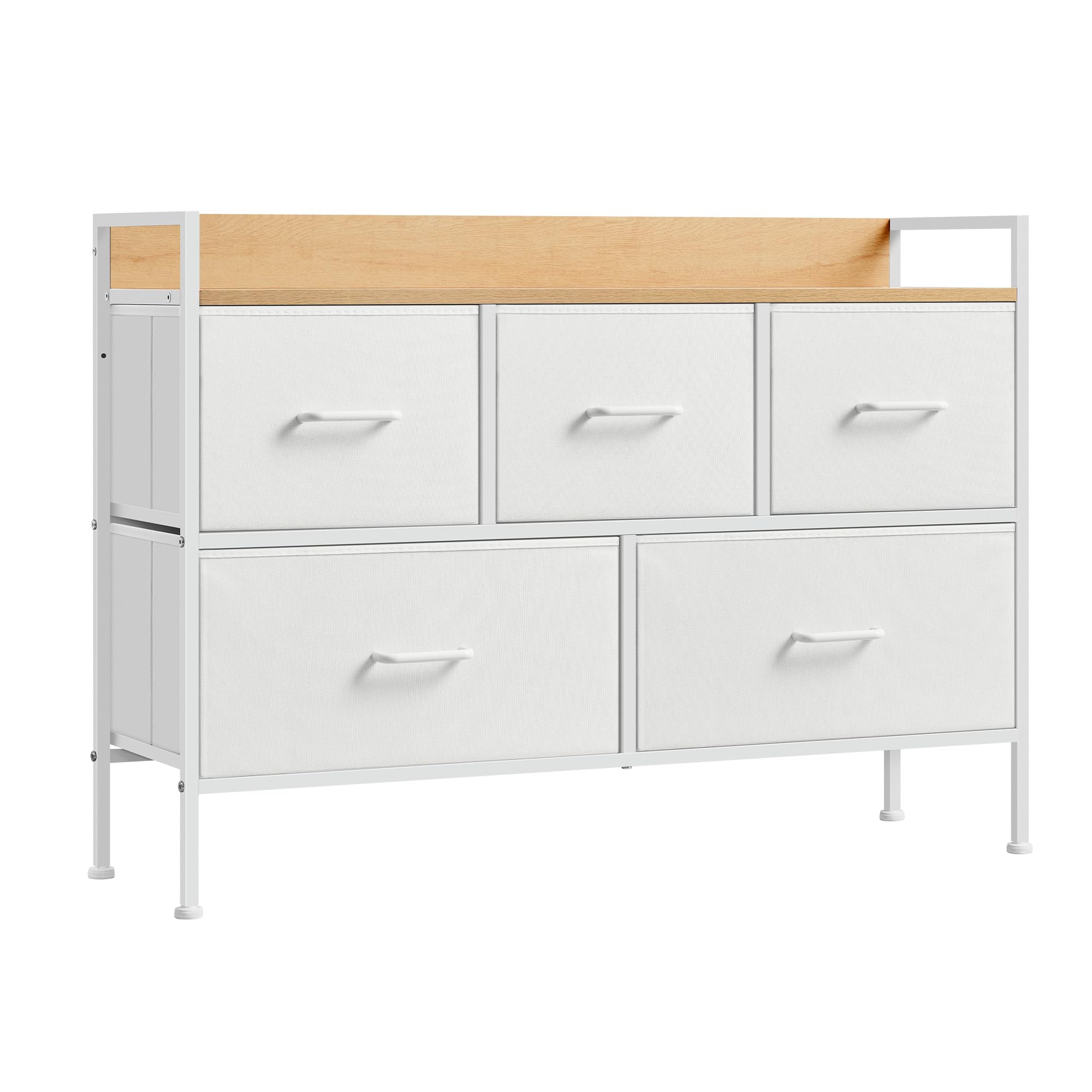 SONGMICS Chest of Drawers for Bedroom, 5 Fabric Drawers with Handles, Storage Organiser Unit, for Living Room, Hallway, Steel Frame, Cloud White and Oak Beige LTS135W01