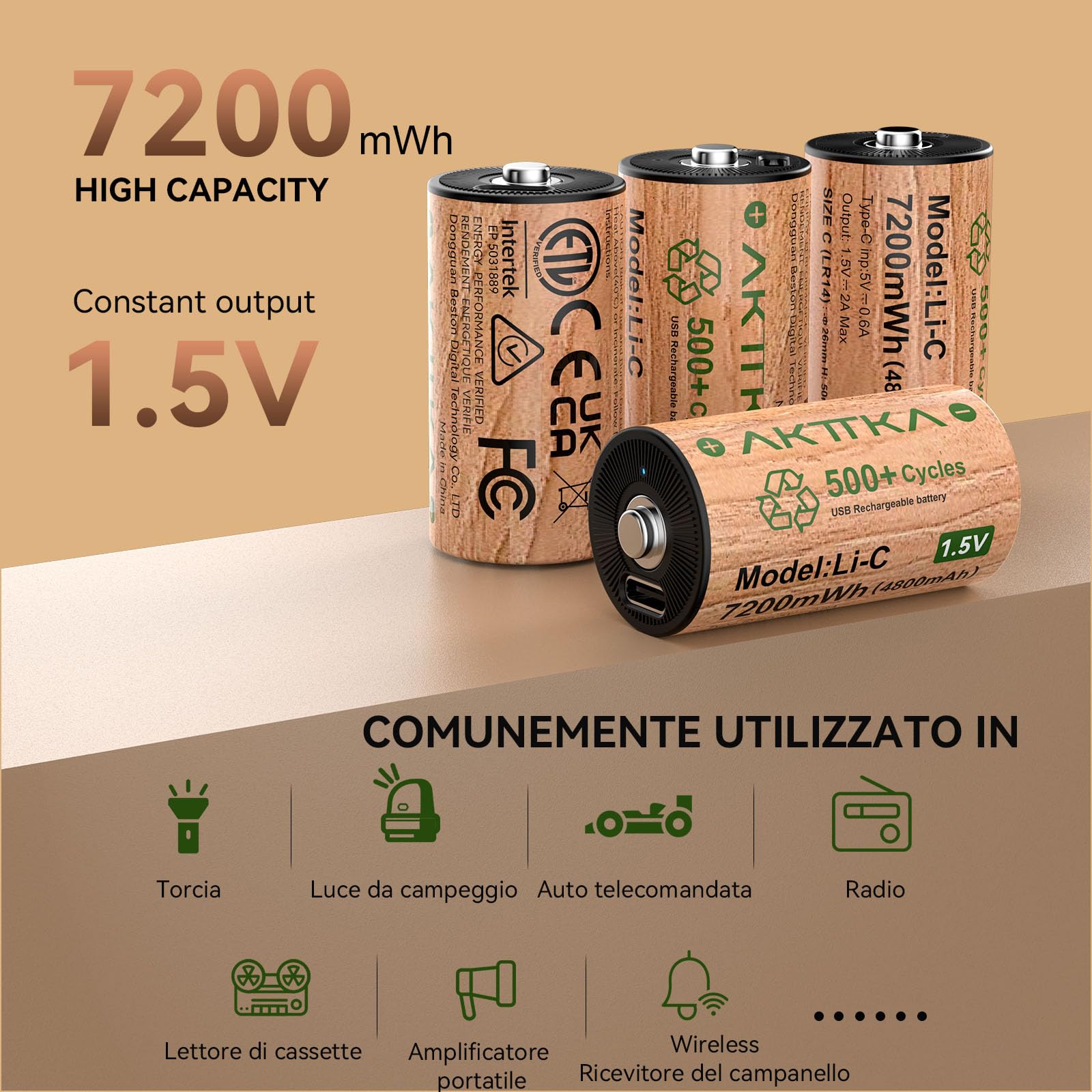 Set da 4 Batterie C / LR14 Ricaricabili – 7200 mWh, 1,5 V al Litio con Cavo USB-C, bassa autoscarica, per torce, luci da campeggio ed emergenza, radio e giocattoli