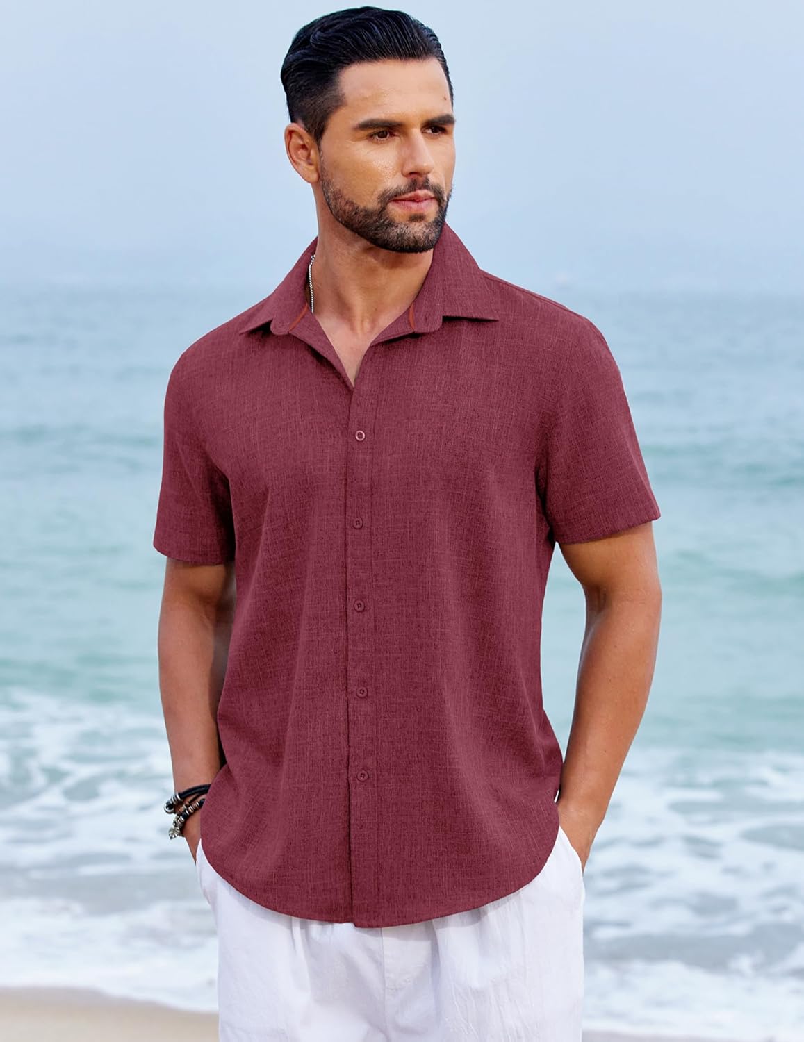 COOFANDY Men's Beach Summer Shirts Linen Texture Shirts Short Sleeve Casual Button Down Shirt - Image 3