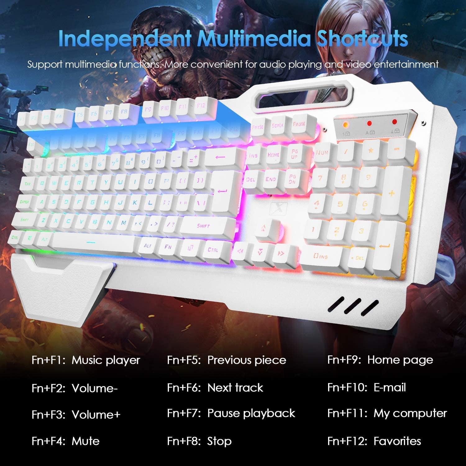 Bezprzewodowa klawiatura do gier z mechanicznym podświetleniem RGB, akumulator 5000 mAh z wyjmowaną podkładką pod rękę + 7 kolorów mysz do gier LED dla pisarzy/graczy (biała)