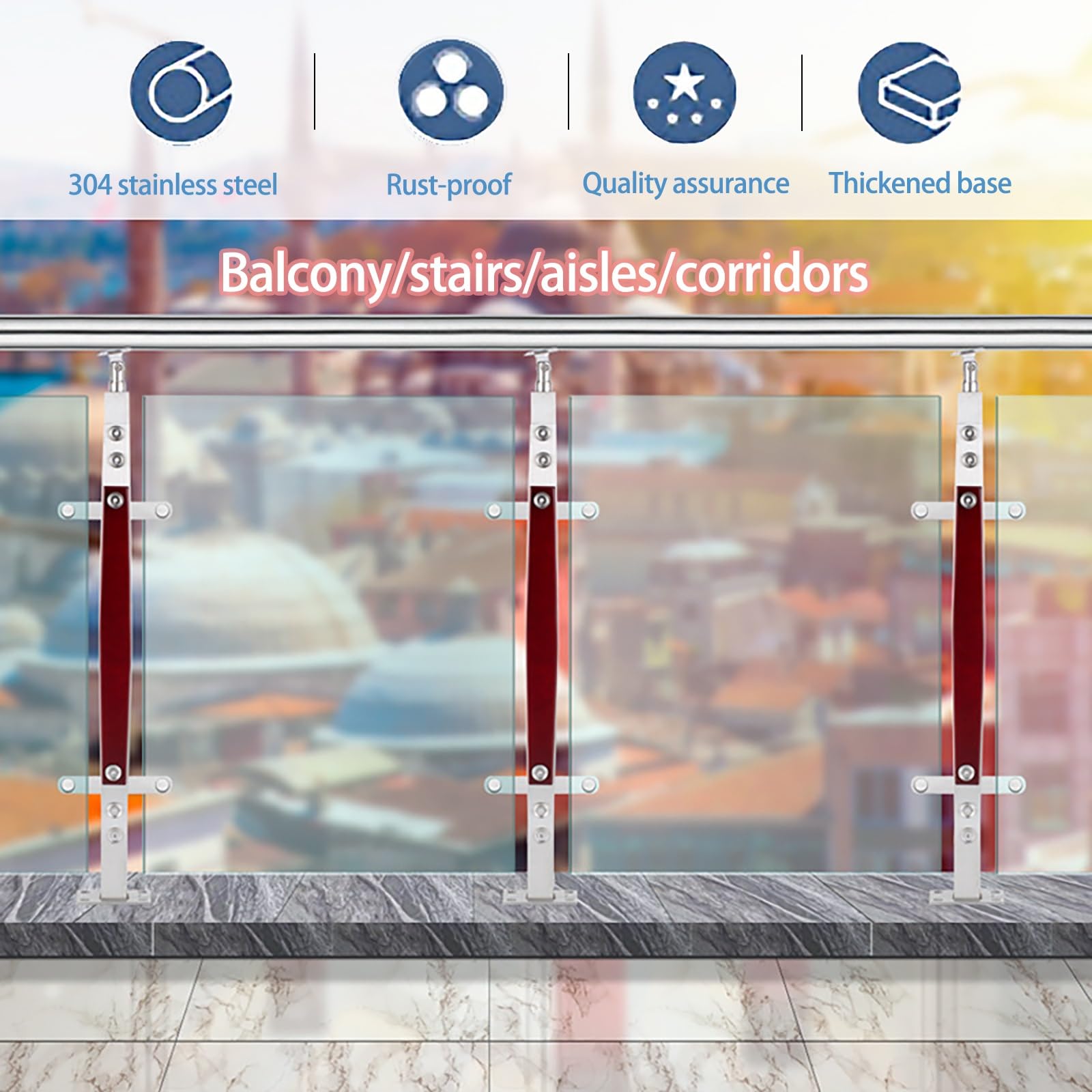 Ringhiera Vetro Scale Interne Esterni Argento Paletto, ringhiera in acciaio inossidabile 304 Ringhiera in vetro, per ville/balconi/scale/terrazze/scale del patio(Red,85cm)