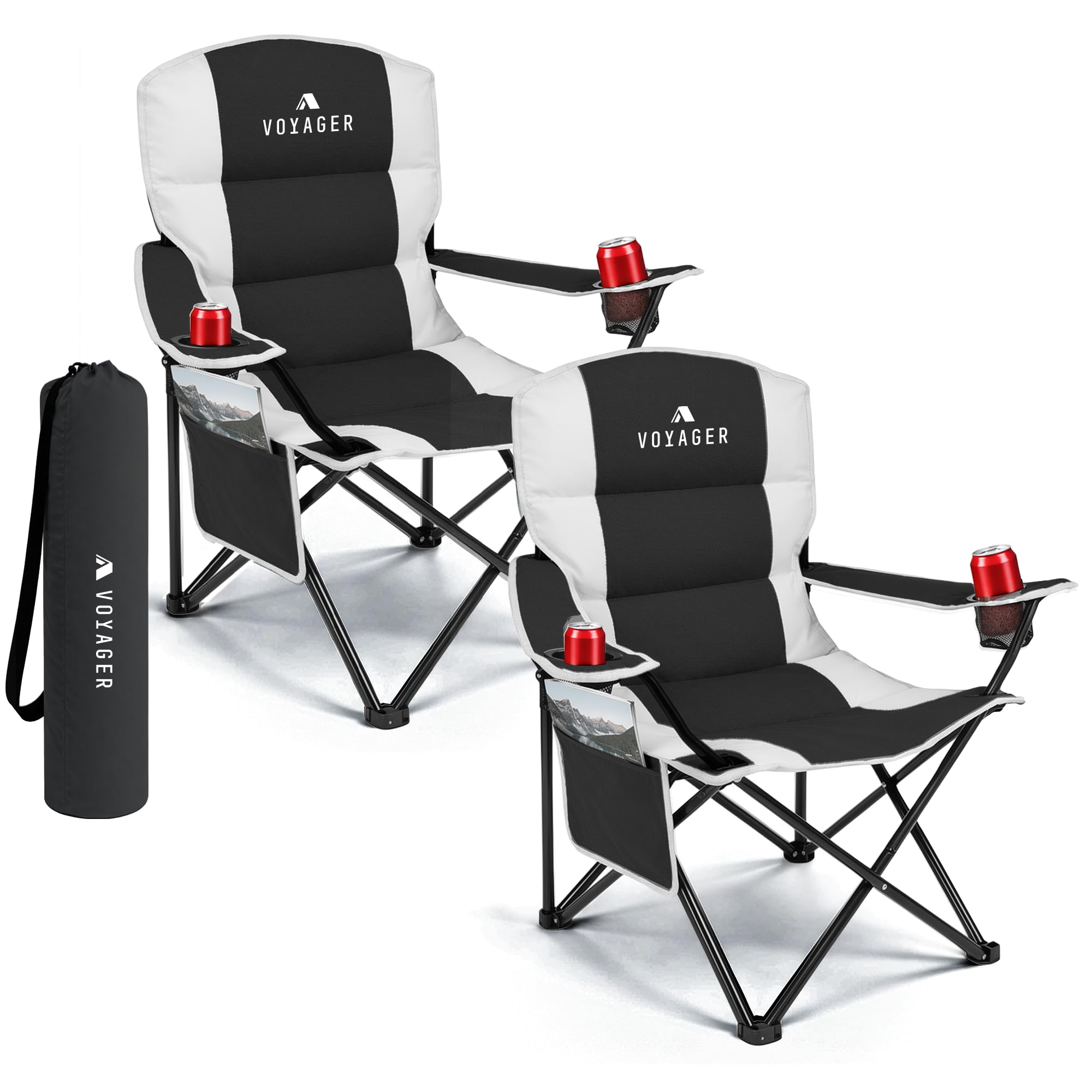 Voyager Folding Camping Chairs 2 Pack with Cooler Bag, Lightweight Q195 Steel Frame, 600D Oxford Fabric, Portable & Comfortable - Black (Black, Padded)