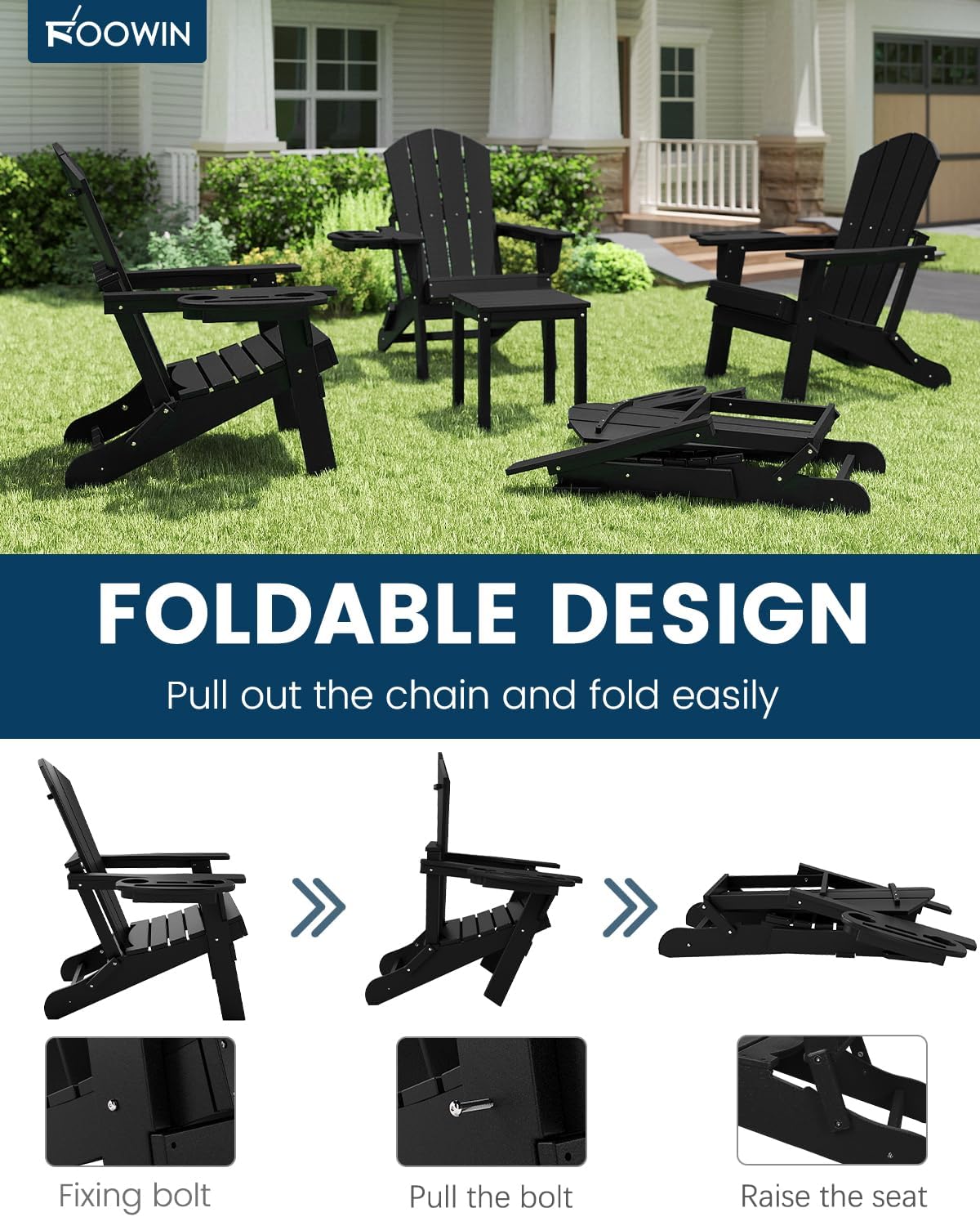 Sequence of images showing how to fold the Adirondack chair by pulling a pin and collapsing the structure.