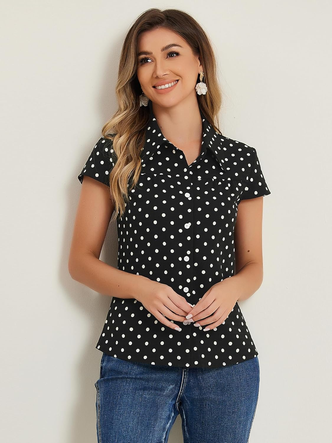 Allegra K Women's Vintage Polka Dots Shirt Retro Short Sleeve Button Up Tops - Image 2