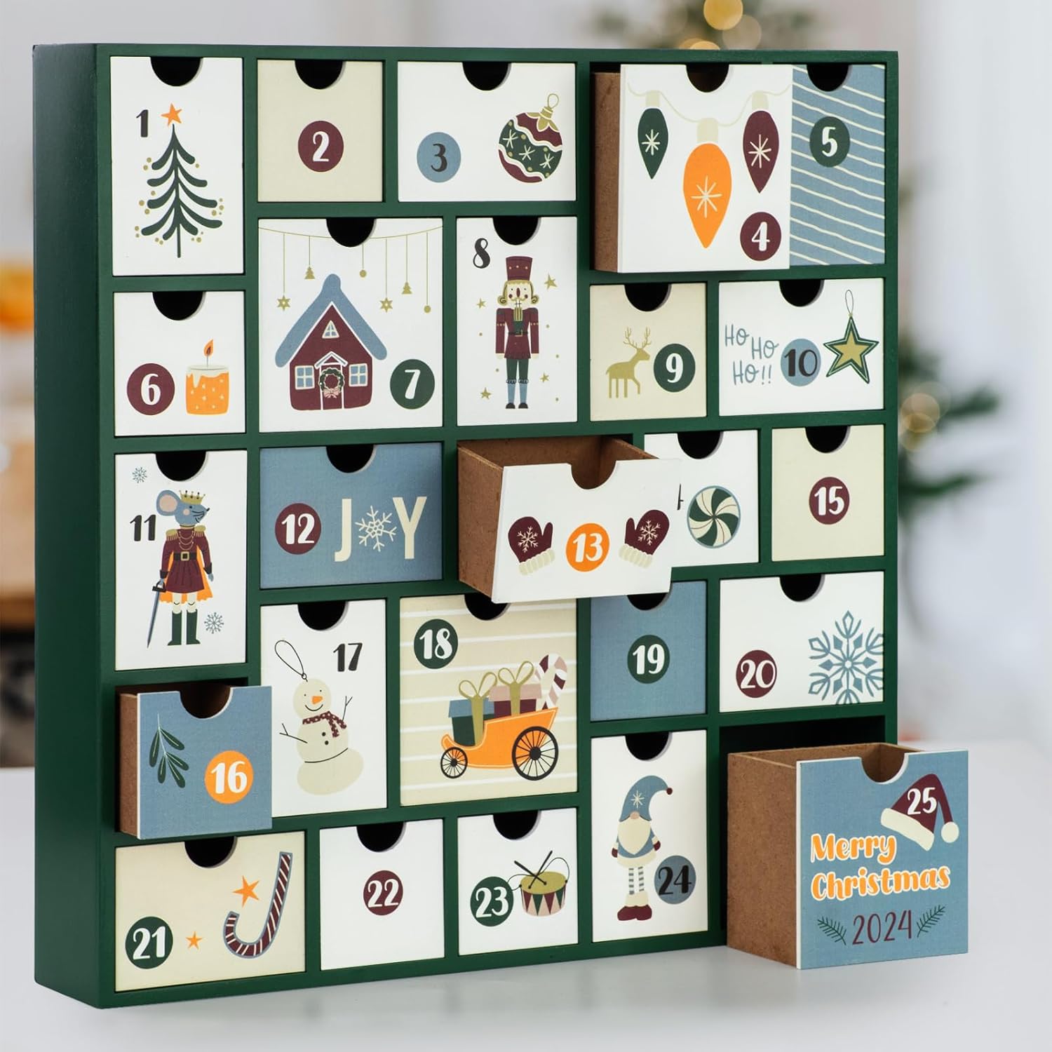 2025 Wooden Advent Calendar, 13 Inch Christmas Advent Calendar with 25 Large Drawers, Christmas Countdown Calendar, Premium Wood Hand Painted Refillable Advent Cute Holiday Decoration (Green)