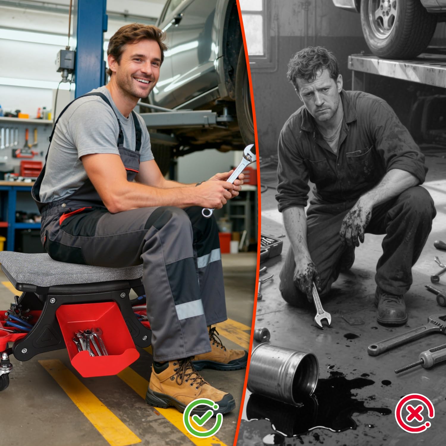 Werkstatthocker Rollhocker Arbeitshocke, Werkstatt Rollsitz 185kg Belastbar, mit Aufbewahrungstrays, abnehmbaren Sitzkissen und verriegelbaren Rollen