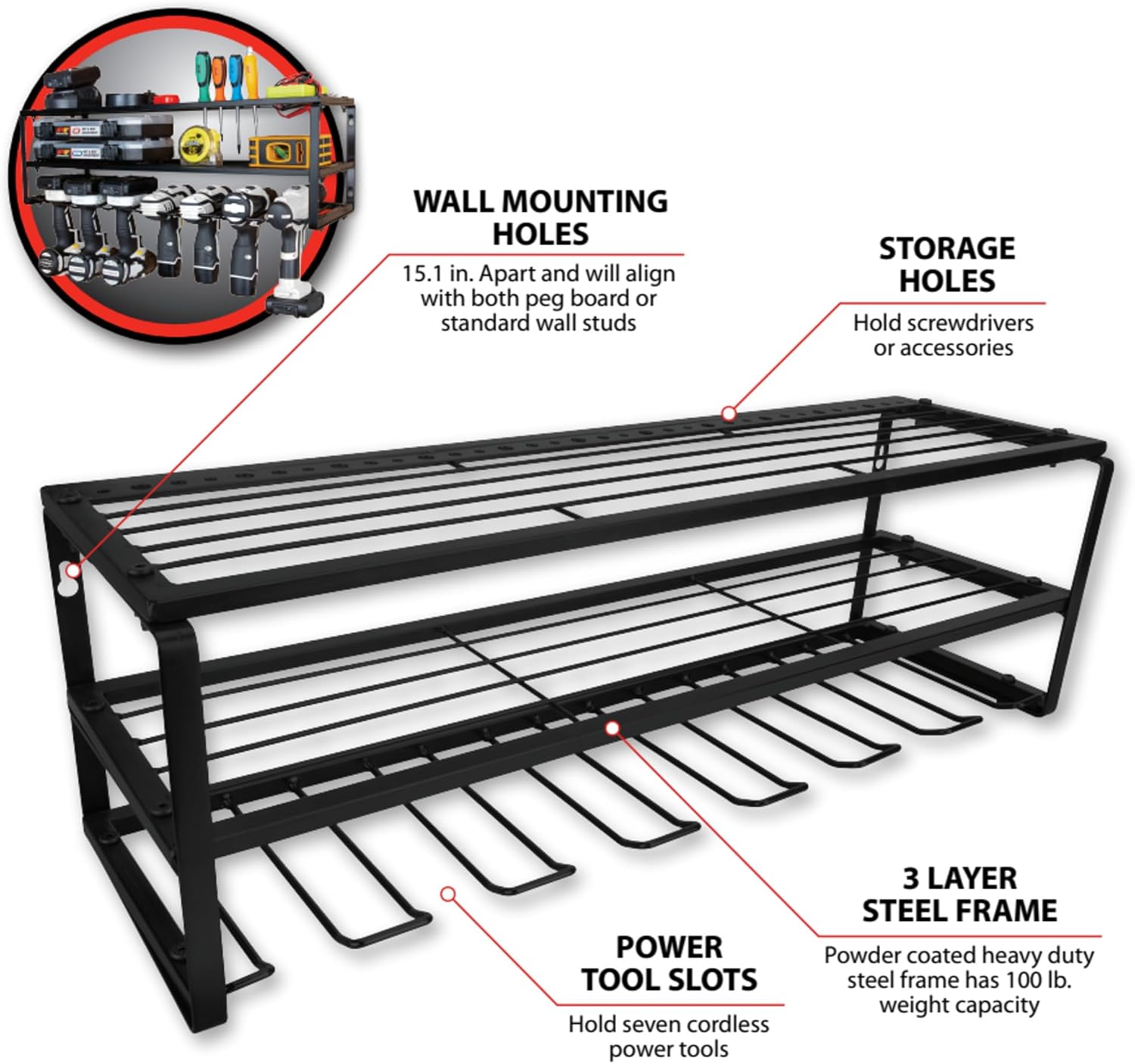 Performance Tool W7703 26" Power Tool Storage Rack, 9-Gauge Steel Frame, Fully Welded Shelves, Powder-Coated, Black