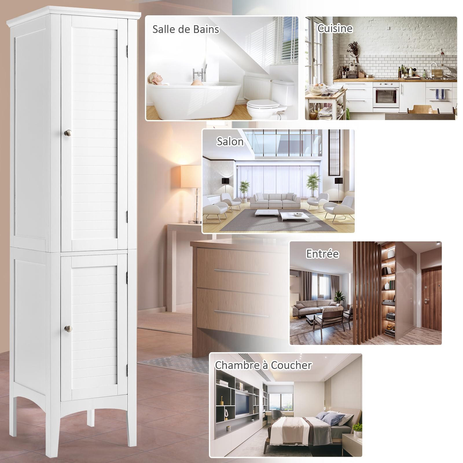Costway Meuble de Rangement Salle de Bain, Meuble Colonne sur Pied avec Rangement à 5 Niveaux, Organisateur de Rangement pour Salle de Bains, Cuisine, Salon, 37 x 37 x 160 cm (Blanc) HW66805FR