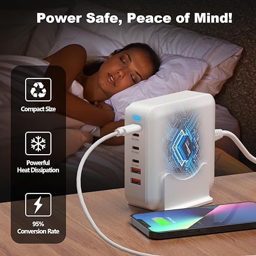 Miniatura 7 de Bloque de cargador rápido USB C, estación de carga de 120 W, adaptador de concentrador GaN de 6 puertos, cargador múltiple de pared USB C con