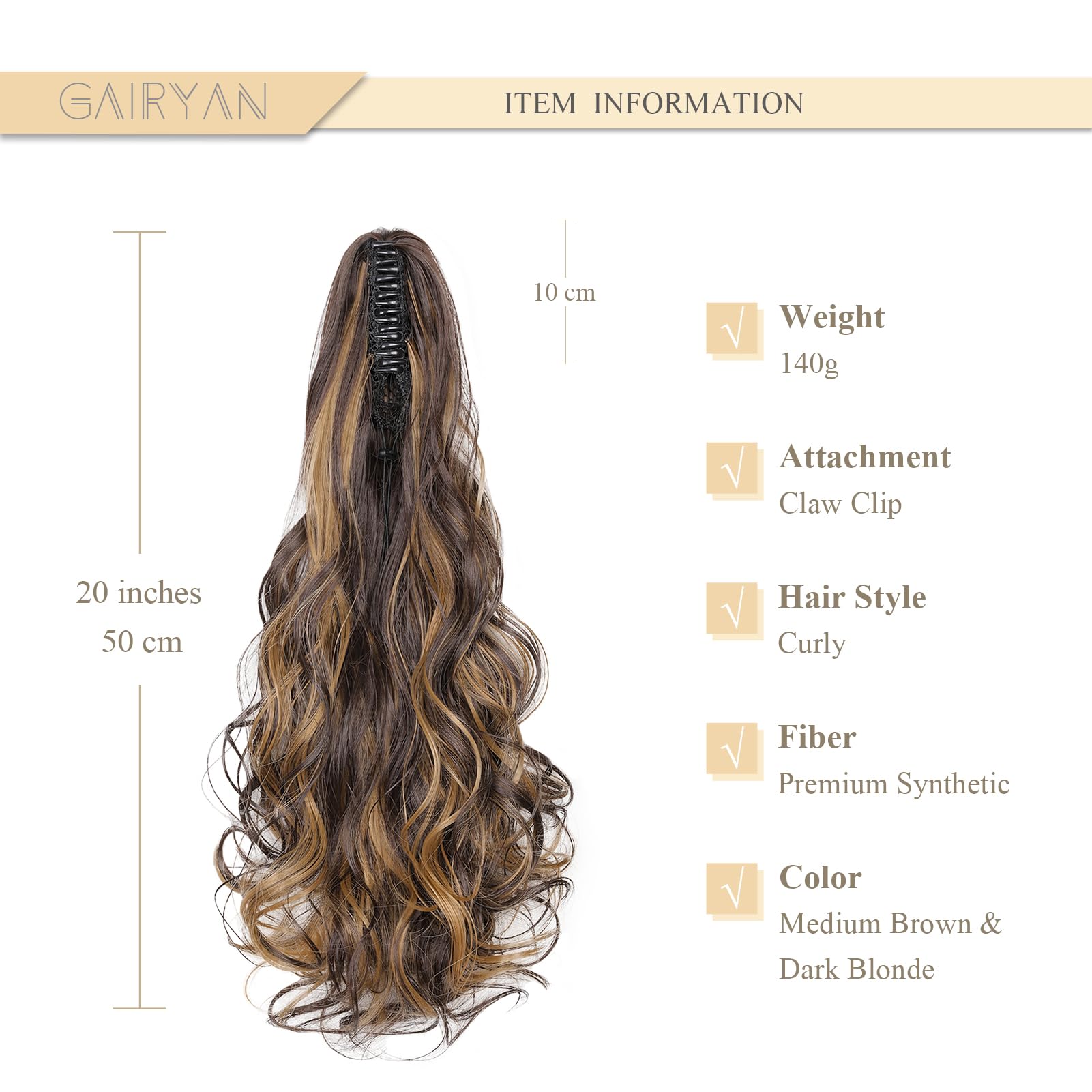 Gairyan 20inch Ponytail Extension Clip in Ponytail Hair Extensions Curly Wavy Pony Tails Claw on Ponytail Long Wave Synthetic Hairpieces for Women Soft Real Look (Medium Brown & Dark Blonde) - Image 2