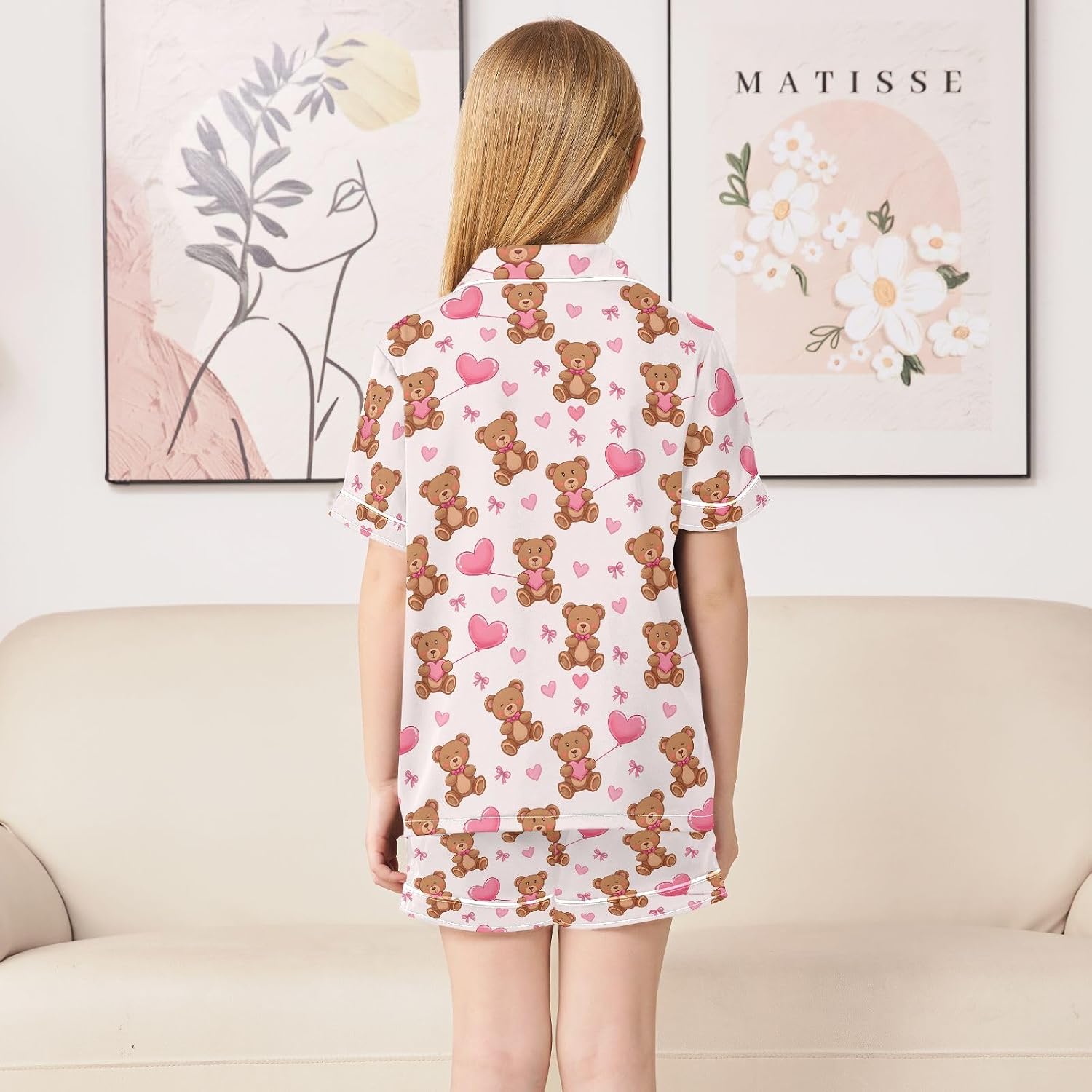 Kids Satin Wear Set Brown Bear Love Balloon Pattern Relaxing Clothing Short Sleeve and Shorts