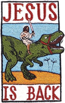 Jesus is Back Riding Dinosaur Funny Meme Patch, Iron-on/Sew-on Patches Embroidered Patch Applique Badge for Hats, Backpacks, Jackets, DIY Accessories & Crafts, Jeans, Bags, Clothing