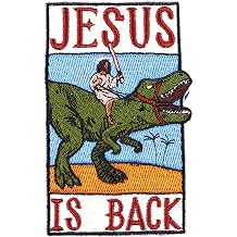 Jesus is Back Riding Dinosaur Funny Meme Patch, Iron-on/Sew-on Patches Embroidered Patch Applique Badge for Hats, Backpacks, Jackets, DIY Accessories & Crafts, Jeans, Bags, Clothing