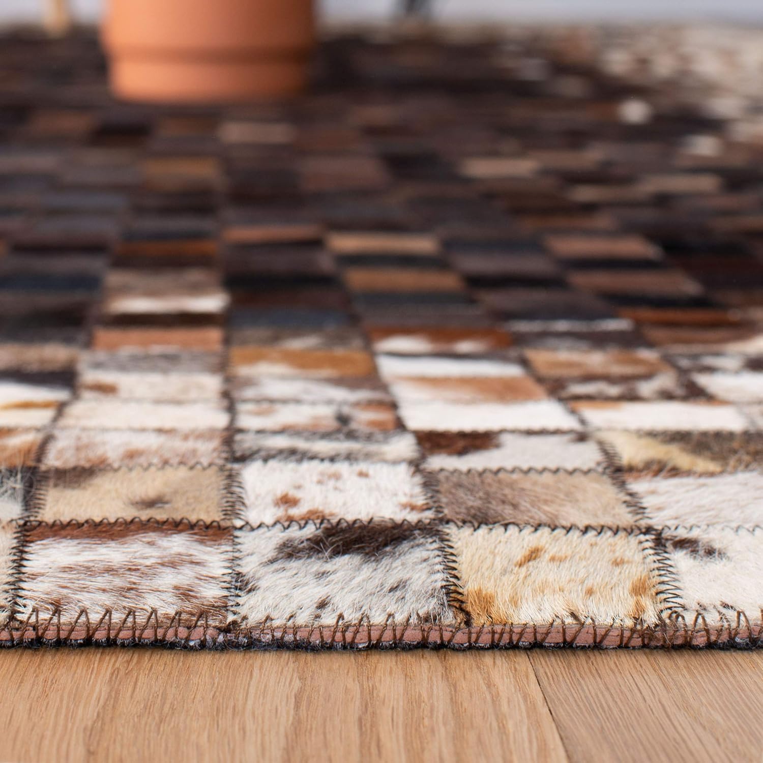 Leather Collection Area Rug, Beige & Brown Handmade Mid-Century Modern Carpet, Rectangular Block Design, Luxury Non-Slip Floor Mat for Living Room, Bedroom, Modern Home Décor Accent (9X12 ft)