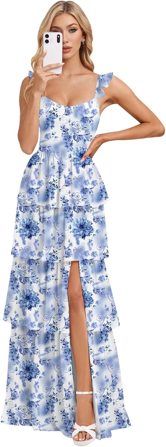 Mollyevers Tiered Ruffle Bridesmaid Dresses for Women Long Chiffon Formal Evening Dress with Slit