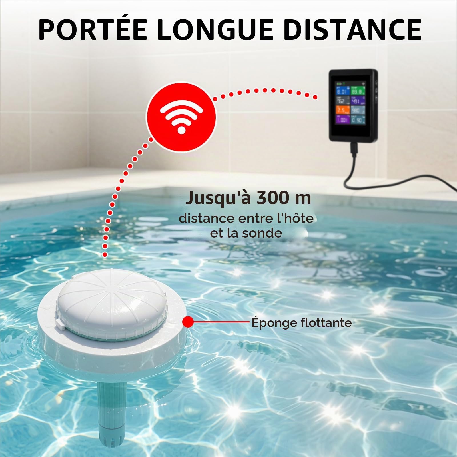 Testeur intelligent de qualité d’eau 8 en 1 WiFi, contrôle pH, ORP, chlore, salinité, TDS, CE, densité et température, suivi à distance via appli Tuya pour piscines, spas, jacuzzis, aquariums et bacs.
