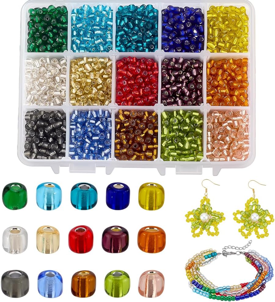 PH PandaHall 3300pcs Glass Seed Beads, 4mm Waist Beads 15 Color 6/0 Silver Lined Beads Small Pony Bead Mini Spacer Bead for Summer Friendship Bracelet Necklaces Jewelry Making Weaving