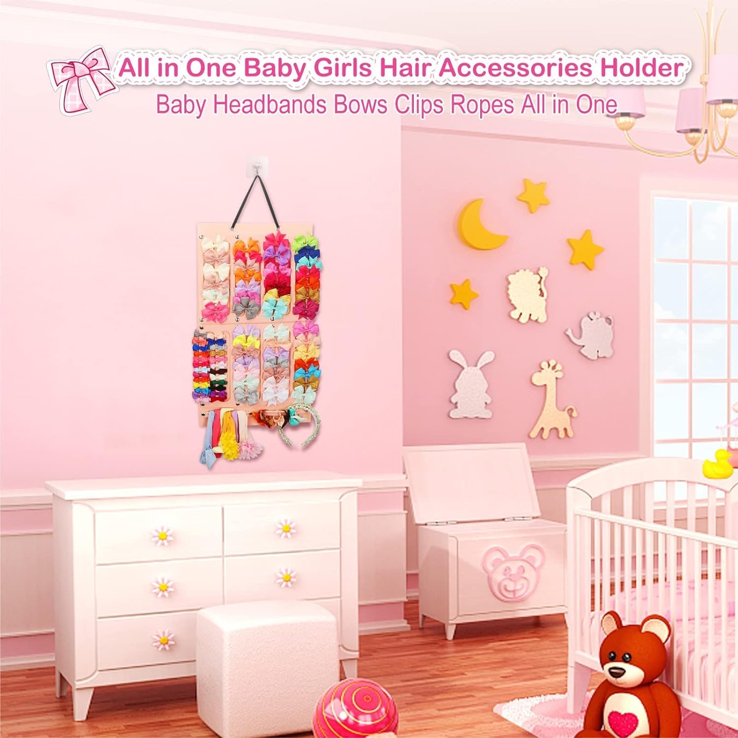 CESITRA Bows hairband Holder 16 Ribbons Row Organizer Bow Hanger for Girls Baby Hair Accessory Storage Display Wall Hanging for Girl Room Baby Nursery Decors 4
