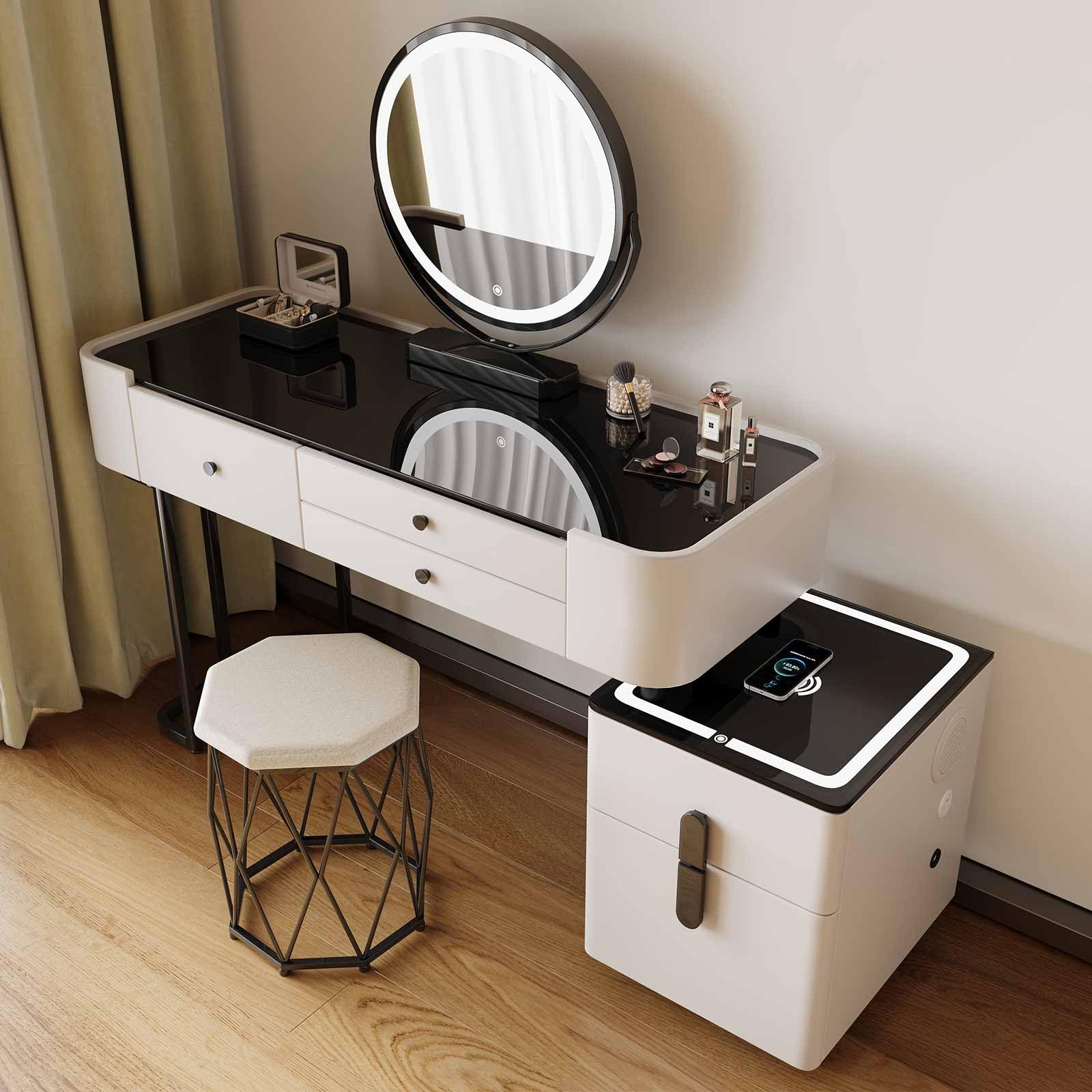 HSSTYLE Smart Dressing Table with Mirror and Lights, Wireless Charging, Bluetooth Speaker & USB Port, 5 Drawers, Reversible Side Cabinet, Stool Included, Vanity Table for Bedroom