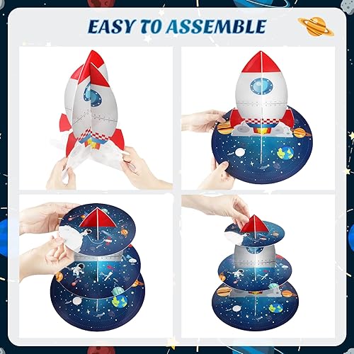 Miniatura 3 de Soporte para magdalenas espaciales, diseño de cohete para cumpleaños, 3 niveles, soporte de cartón para cupcakes, torre de postre estilo galaxia