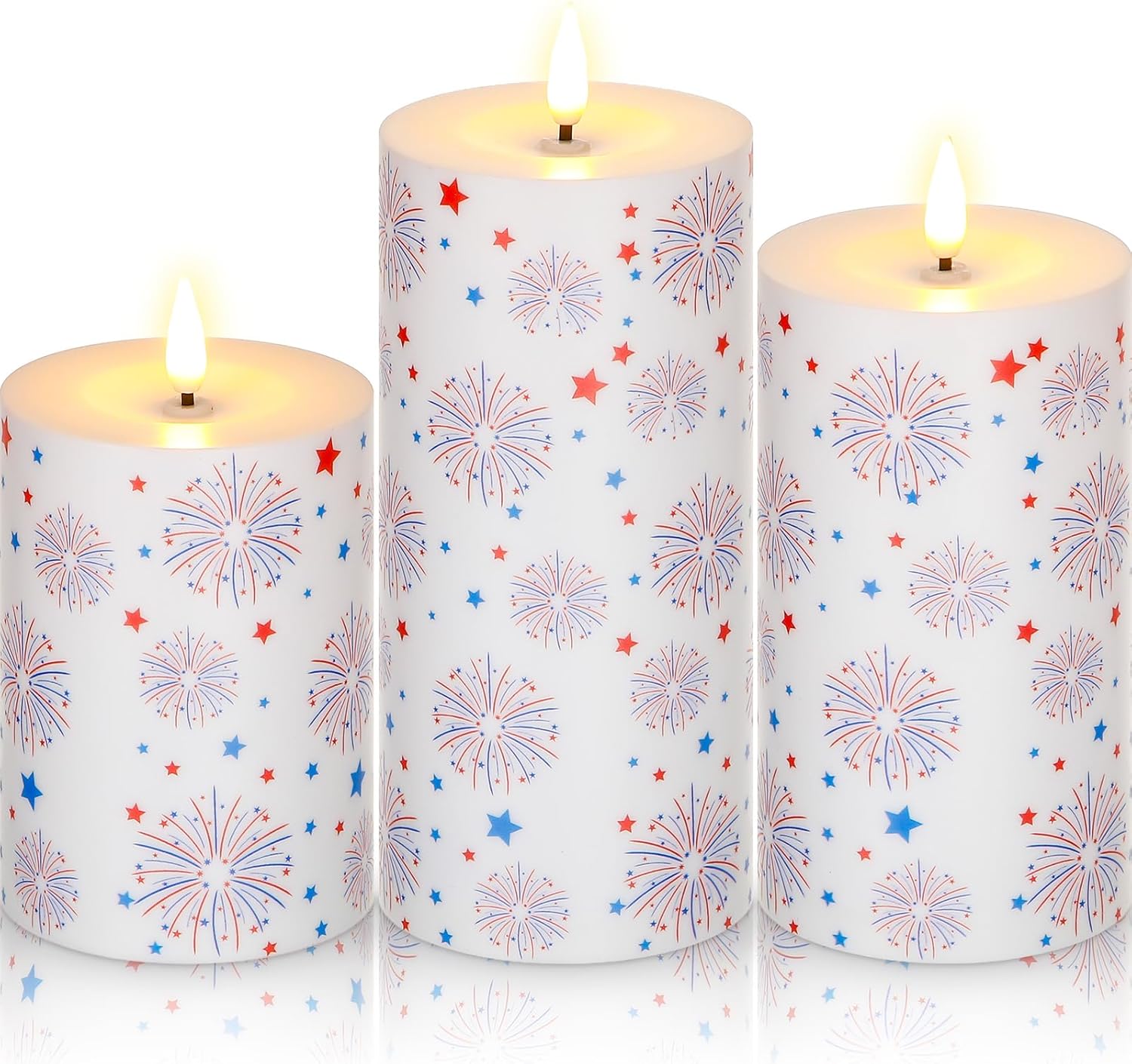 Tuanse Set of 3 Patriotic Fireworks Flameless Candles Battery Operated 4th of July Fireworks Patriotic Pillar Candle, Mixed Size LED Light Candle for Table Dinner Independence Memorial Day Table Decor
