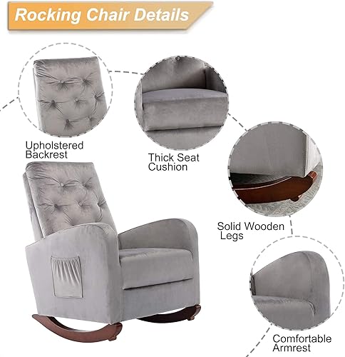 Miniatura 5 de SSLine Mecedora de terciopelo, tapizada, moderna, cómoda, cómoda, asiento acolchado de tela, mecedoras con respaldo alto para sala de estar,